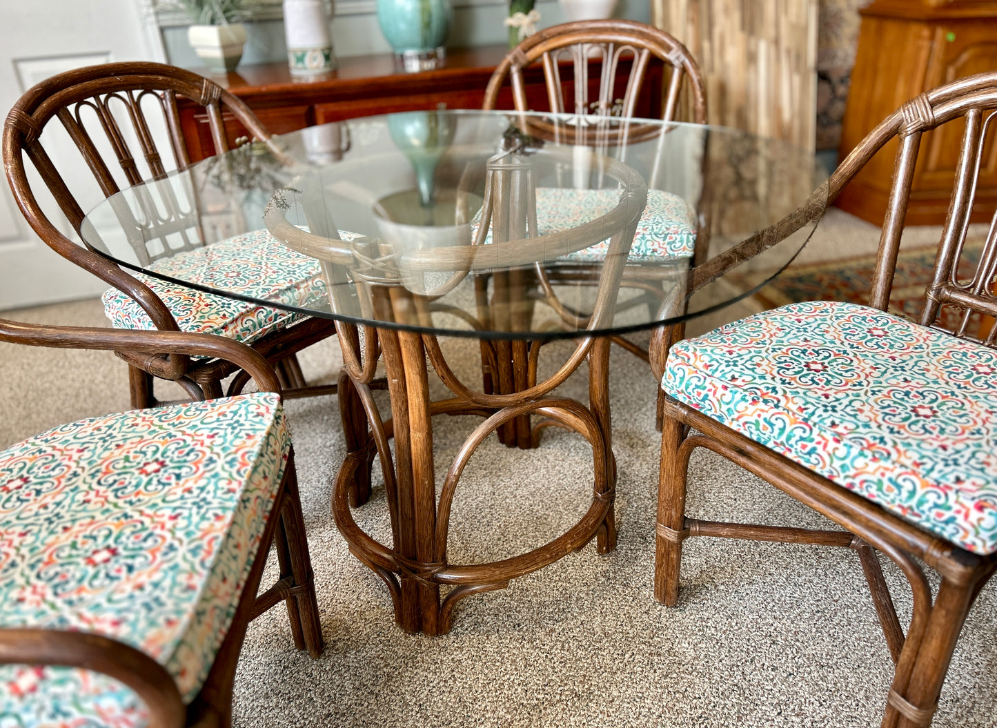 Rattan Dining Table with Glass Top and Four Chairs, 42" Square