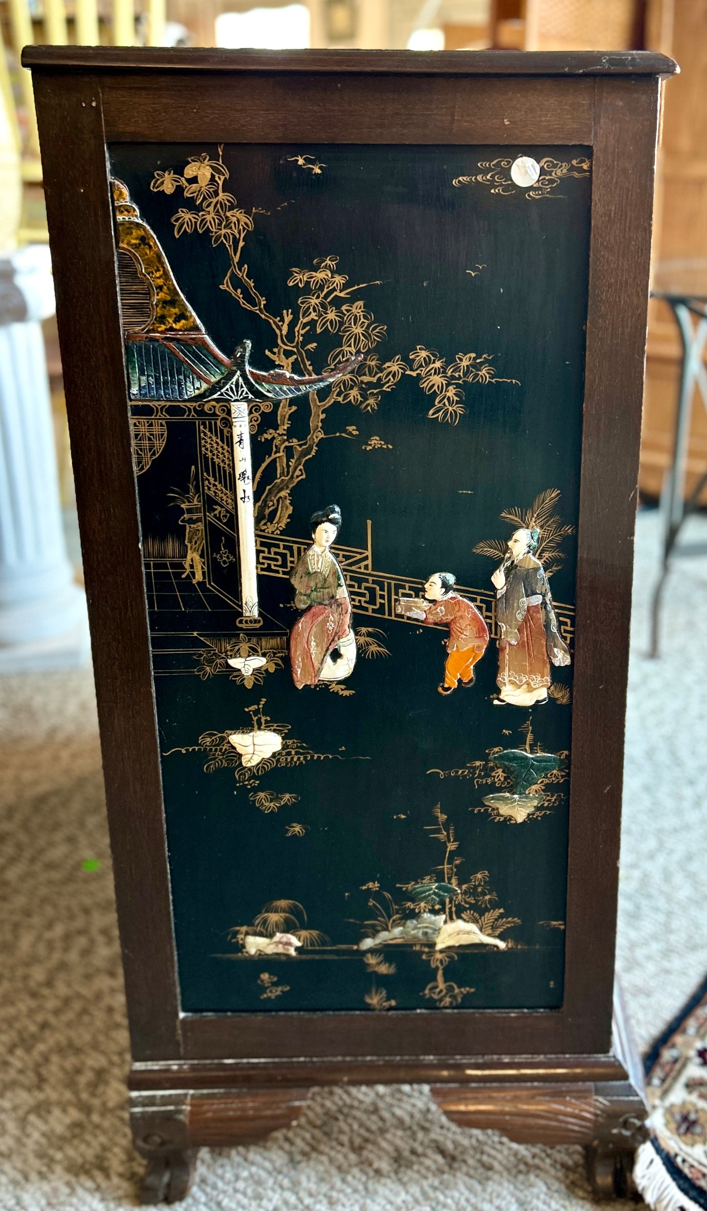 Antique, Oriental Chest Of Drawers, Hand Painted Asian Landscapes w Carved Pulls, 40" Tall Dresser