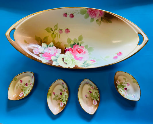 Antique Nippon Hand Painted Celery Dish with 5 Matching Open Salt Cellars