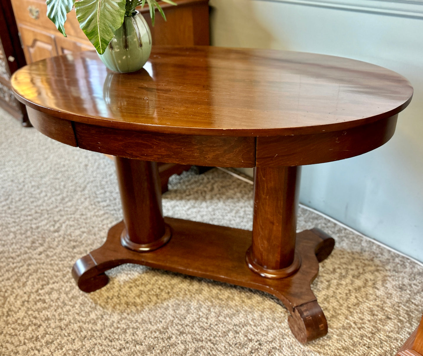 Antique Empire Style Maple Library Table, 44" Wide, Double Pedestal