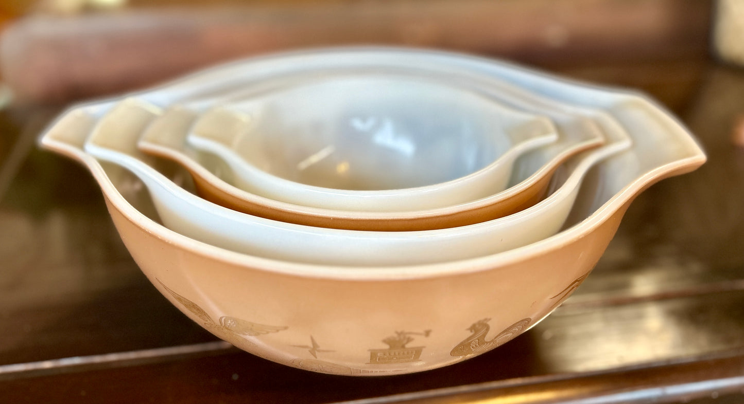 Vintage 1960's Four Piece Pyrex Americana Mixing Bowl Set, Brown & White