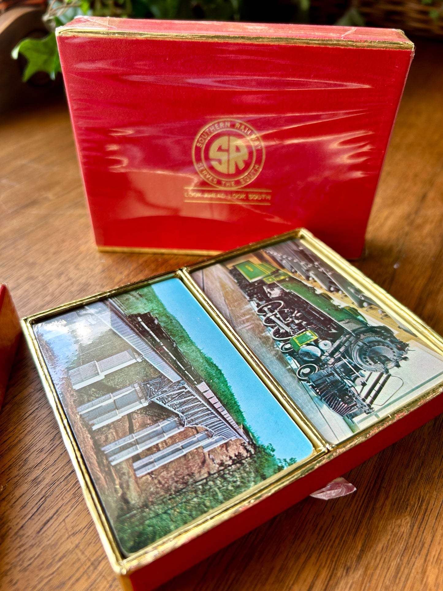 Lot of 2 Vintage Southern Railway Playing Card Sets in Flocked Gift/Presentation Boxes, 1970s