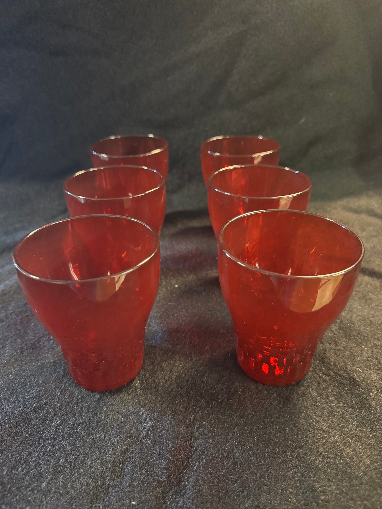 Vintage Red Glass Pitcher With Six Glasses & Two Bowls