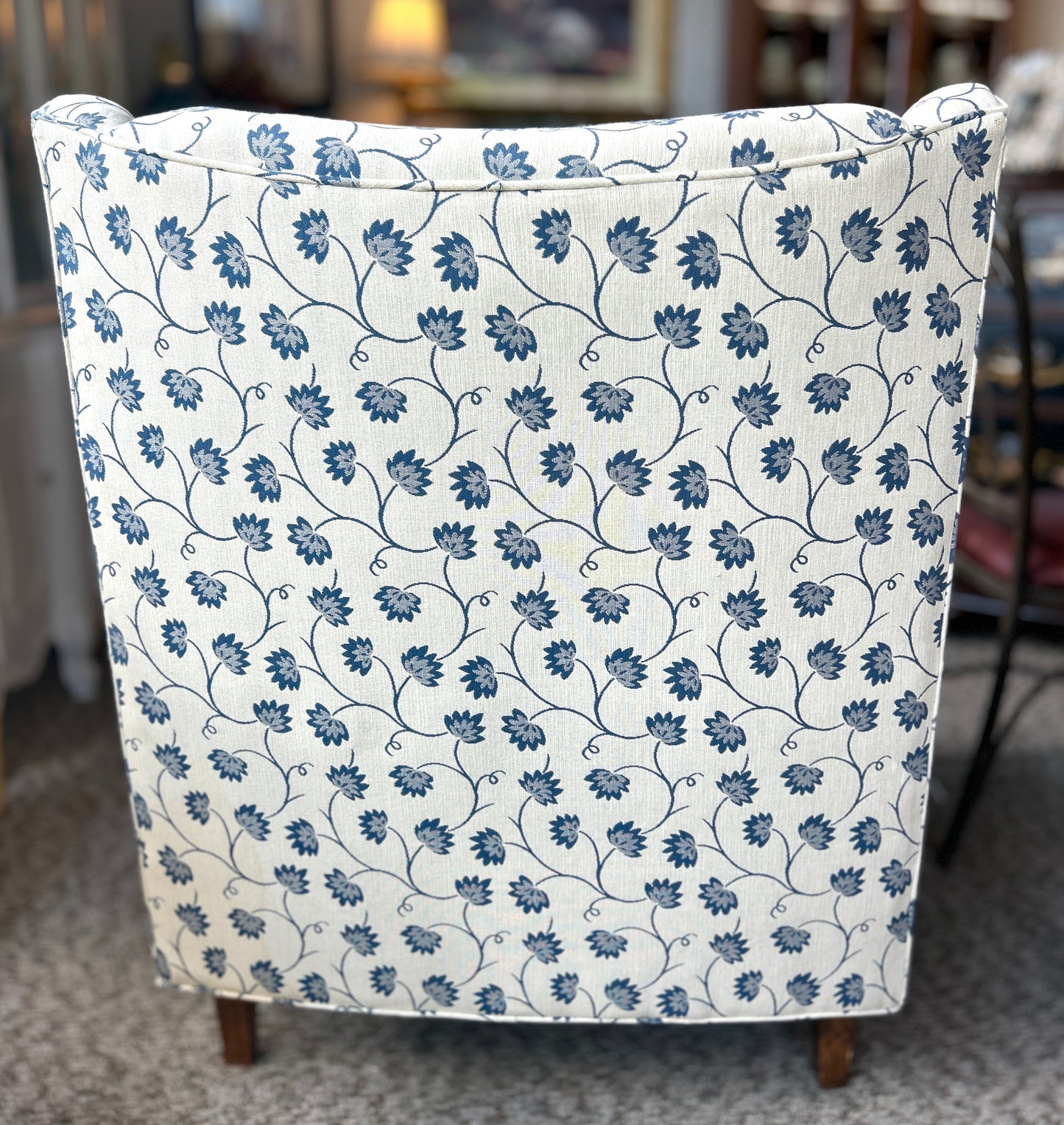 Beautiful Occasional Chair, Ivory and Blue Thistle Flower Upholstery