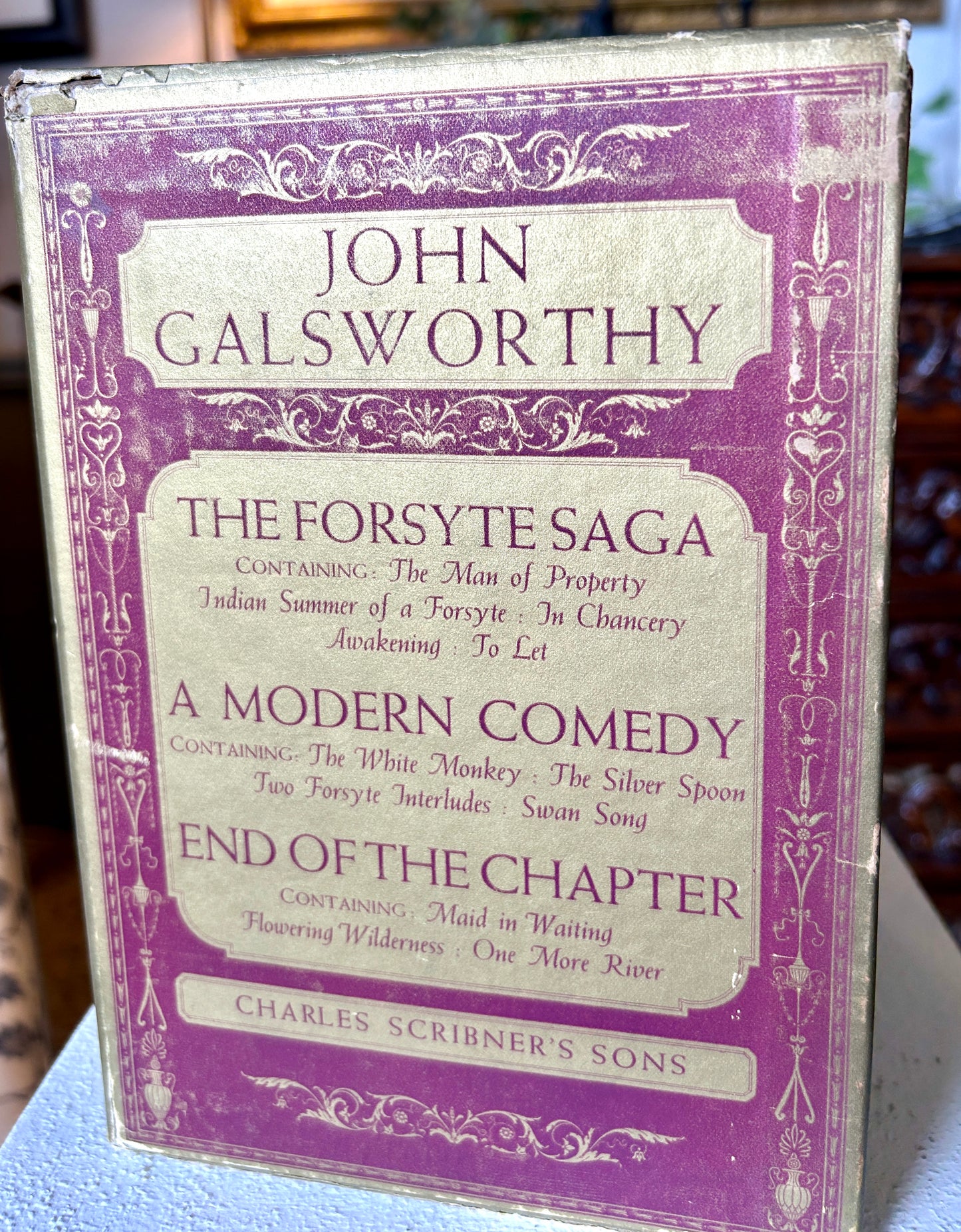 Rare Set of Three 1935 Hardcover Books by John Galsworthy, Modern Comedy, End of the Chapter & Forsyte Saga