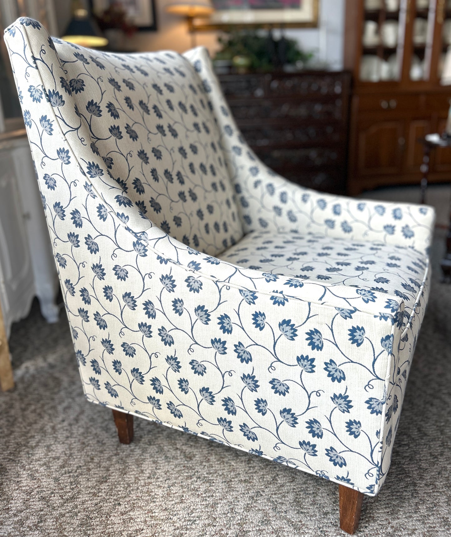 Beautiful Occasional Chair, Ivory and Blue Thistle Flower Upholstery