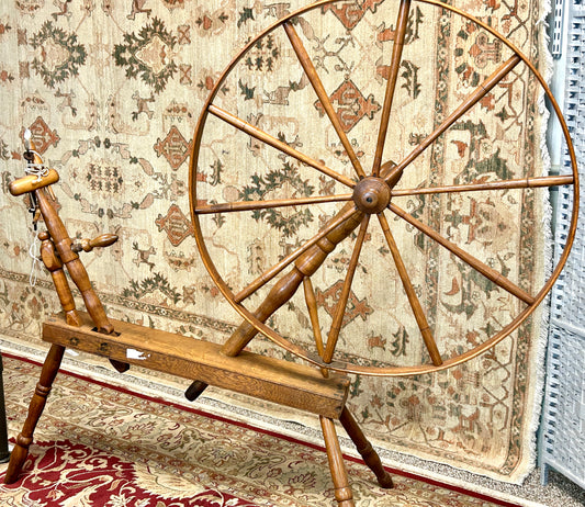 Antique Spinning Wheel, Solid Wood with Turned Legs, 57" Wide