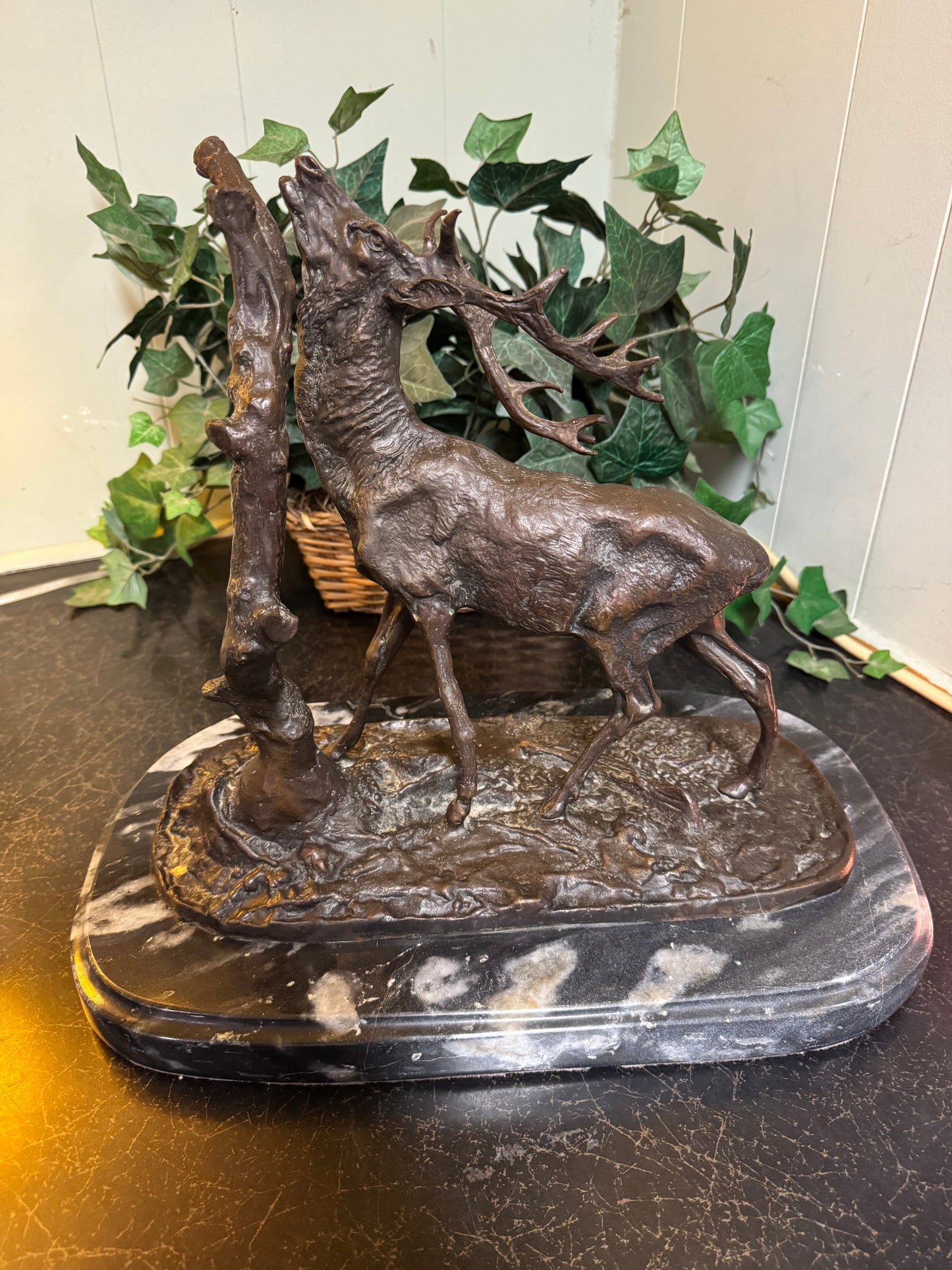 Bronze & Marble Statue "Elk By Tree" By: P.J. MENE