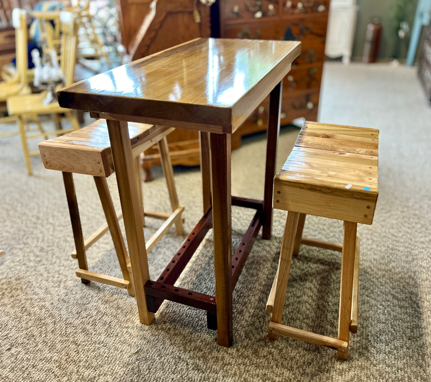 Handcrafted Wooden Bar Table and Stools, Solid Poplar, 36" Table Height