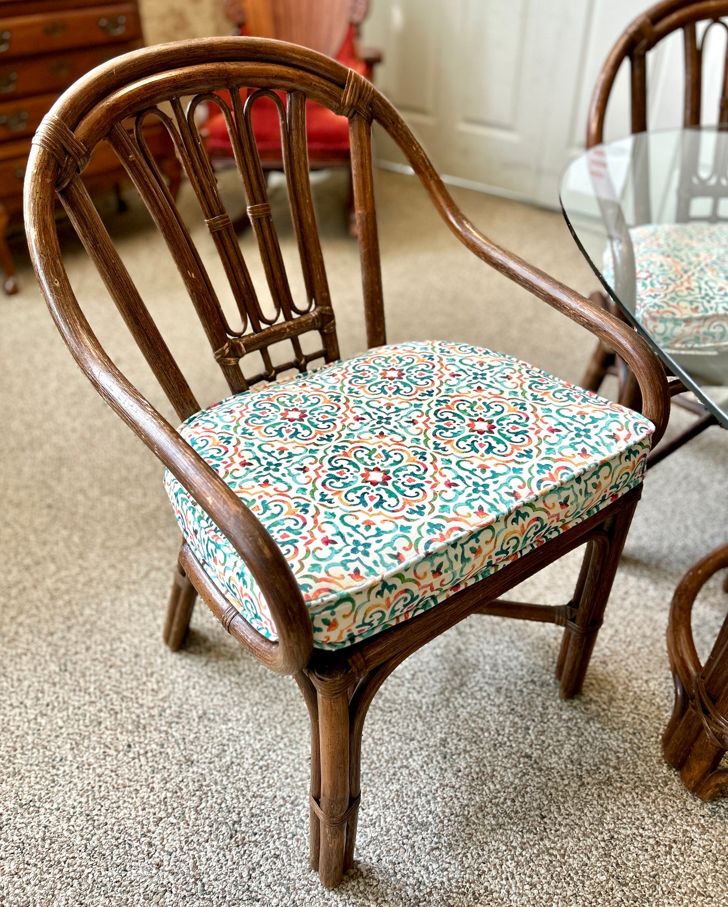 Rattan Dining Table with Glass Top and Four Chairs, 42" Square