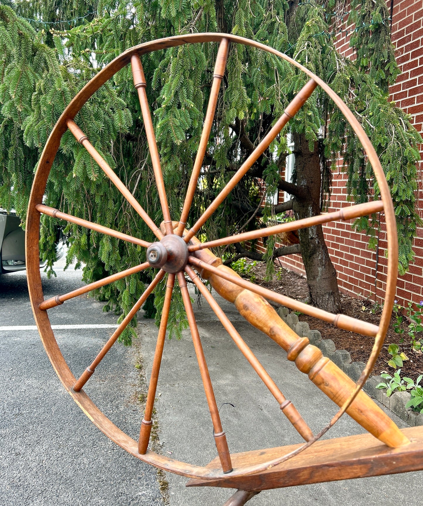 Antique Spinning Wheel, Solid Wood with Turned Detail, 65" Wide