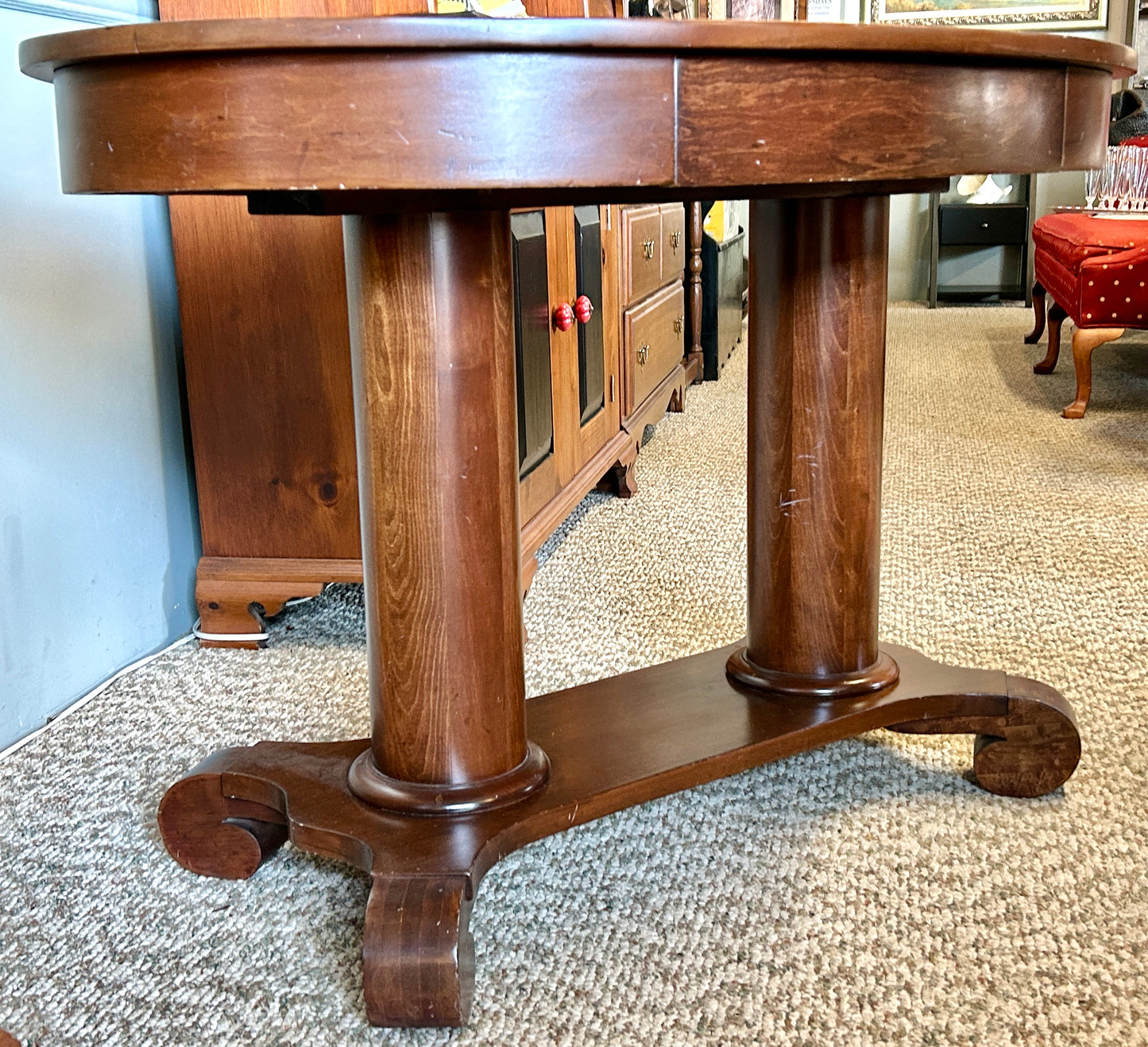 Antique Empire Style Maple Library Table, 44" Wide, Double Pedestal