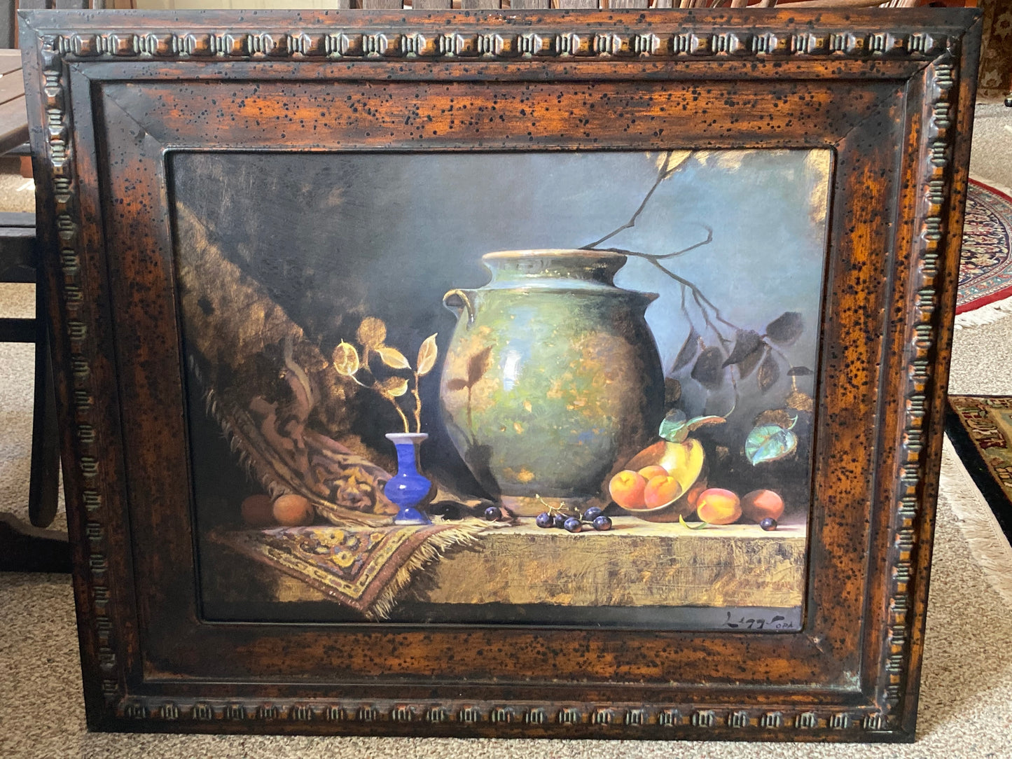 Large Metal Framed Print With Oriental Rug, Fruit, & Pottery Still Life