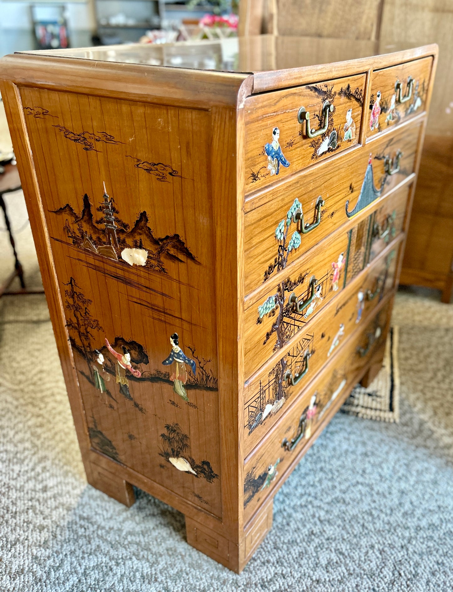 MCM Oriental Chest Of Drawers, Asian Landscapes with Mother of Pearl Inlay, 42" Tall