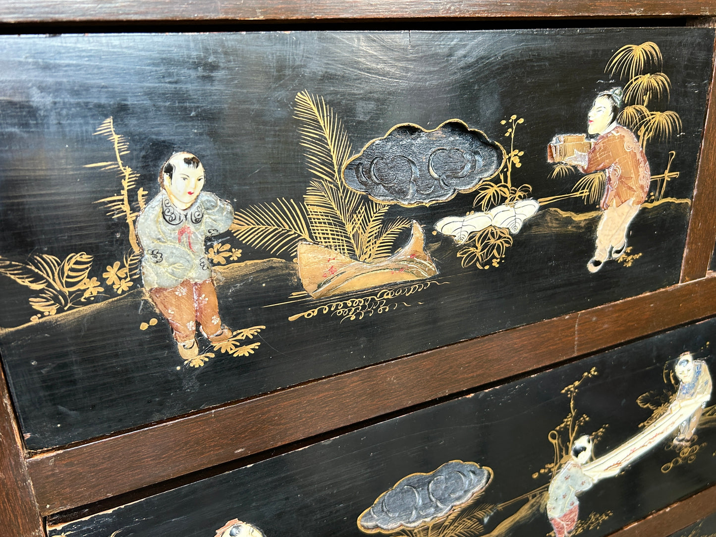 Antique, Oriental Chest Of Drawers, Hand Painted Asian Landscapes w Carved Pulls, 40" Tall Dresser