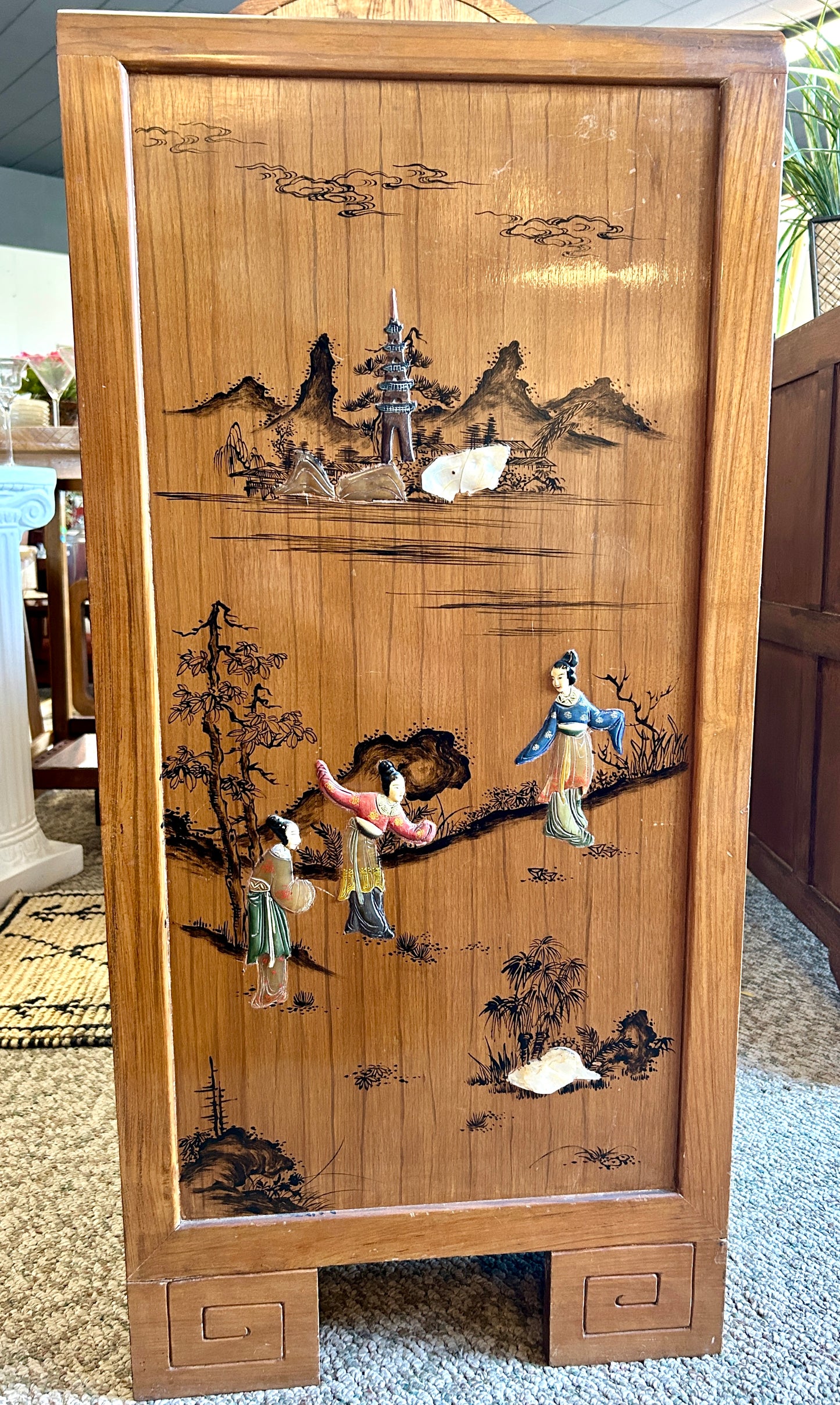 MCM Oriental Chest Of Drawers, Asian Landscapes with Mother of Pearl Inlay, 42" Tall