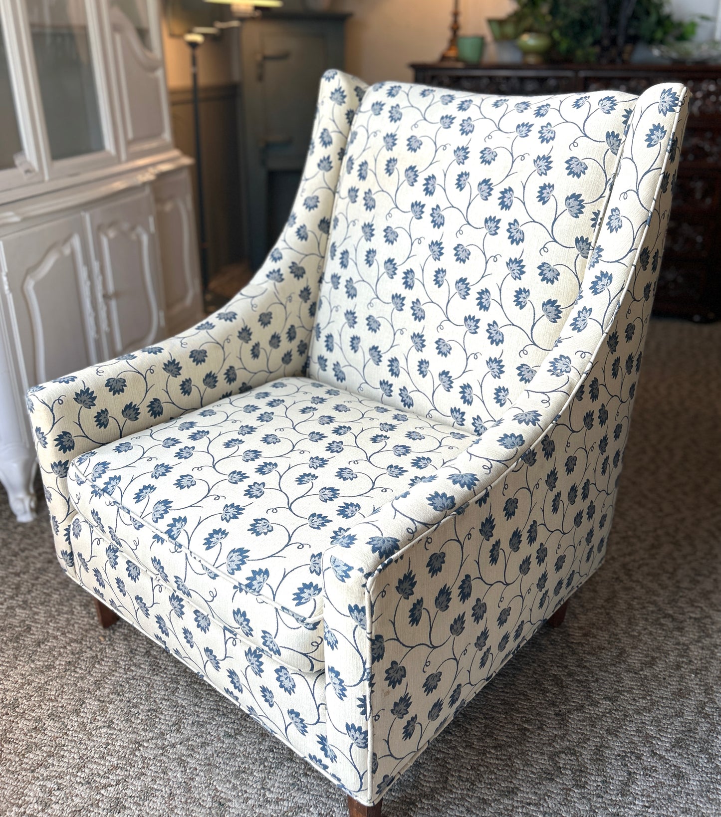 Beautiful Occasional Chair, Ivory and Blue Thistle Flower Upholstery