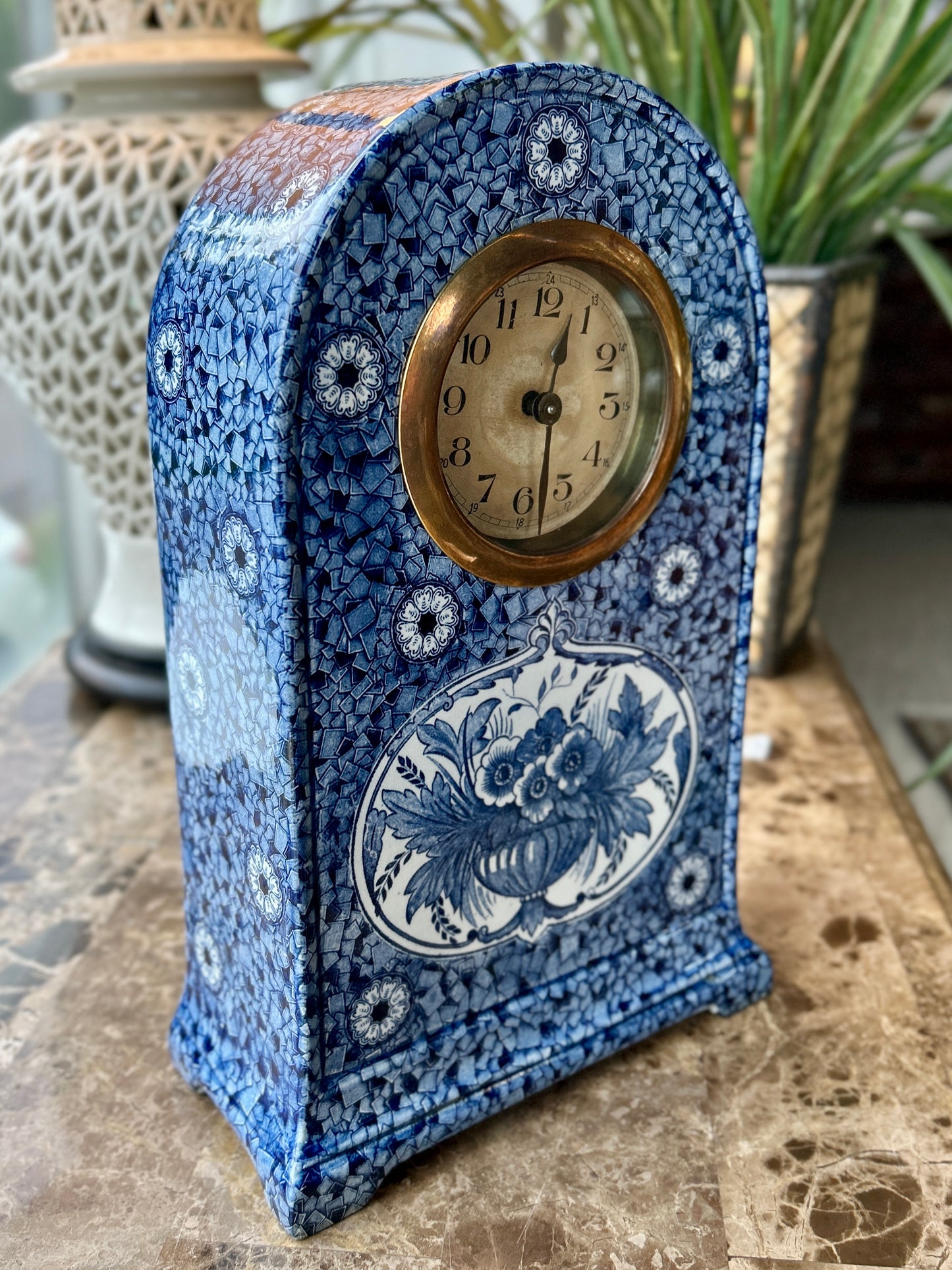 Rare Delft Ceramic Mantel Clock, Flamand Blue Transferware, Netherlands, Working