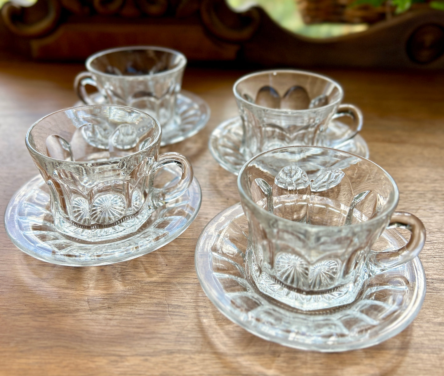 Set Of Four Beautiful Heisey Glass Cups And Saucers, with Diamond H logo, Star Cut