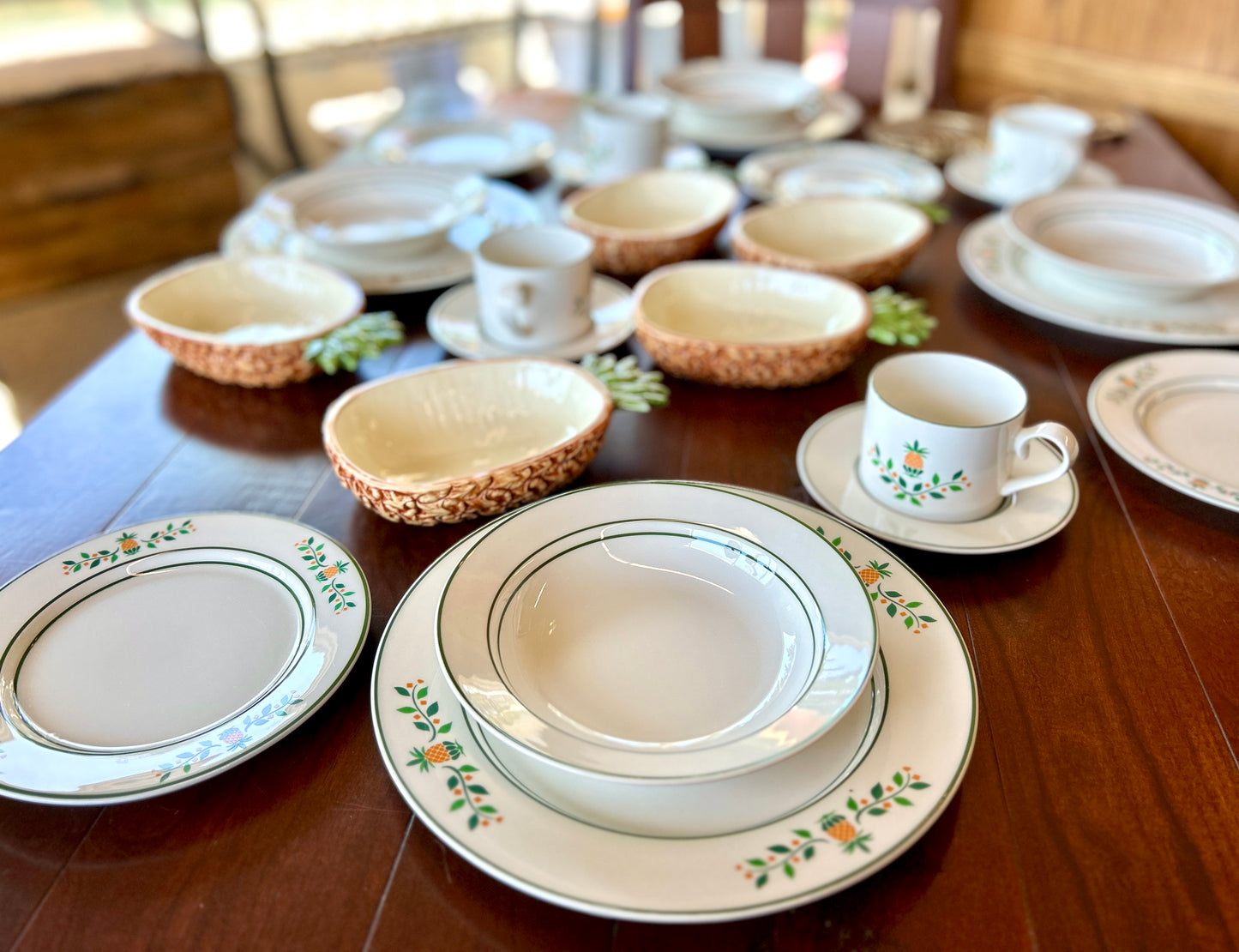 1960s Vintage Pineapple Place Setting For 4, by International Ceramics, 20 Pieces, Plus 4 Accent Bowls and Brass Trivets