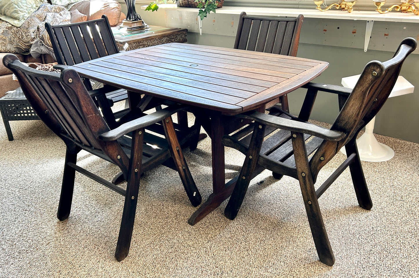 Outdoor Patio Dining Set, 5 Piece Jensen Jarrah Ipe Wood Table and 4 Chairs