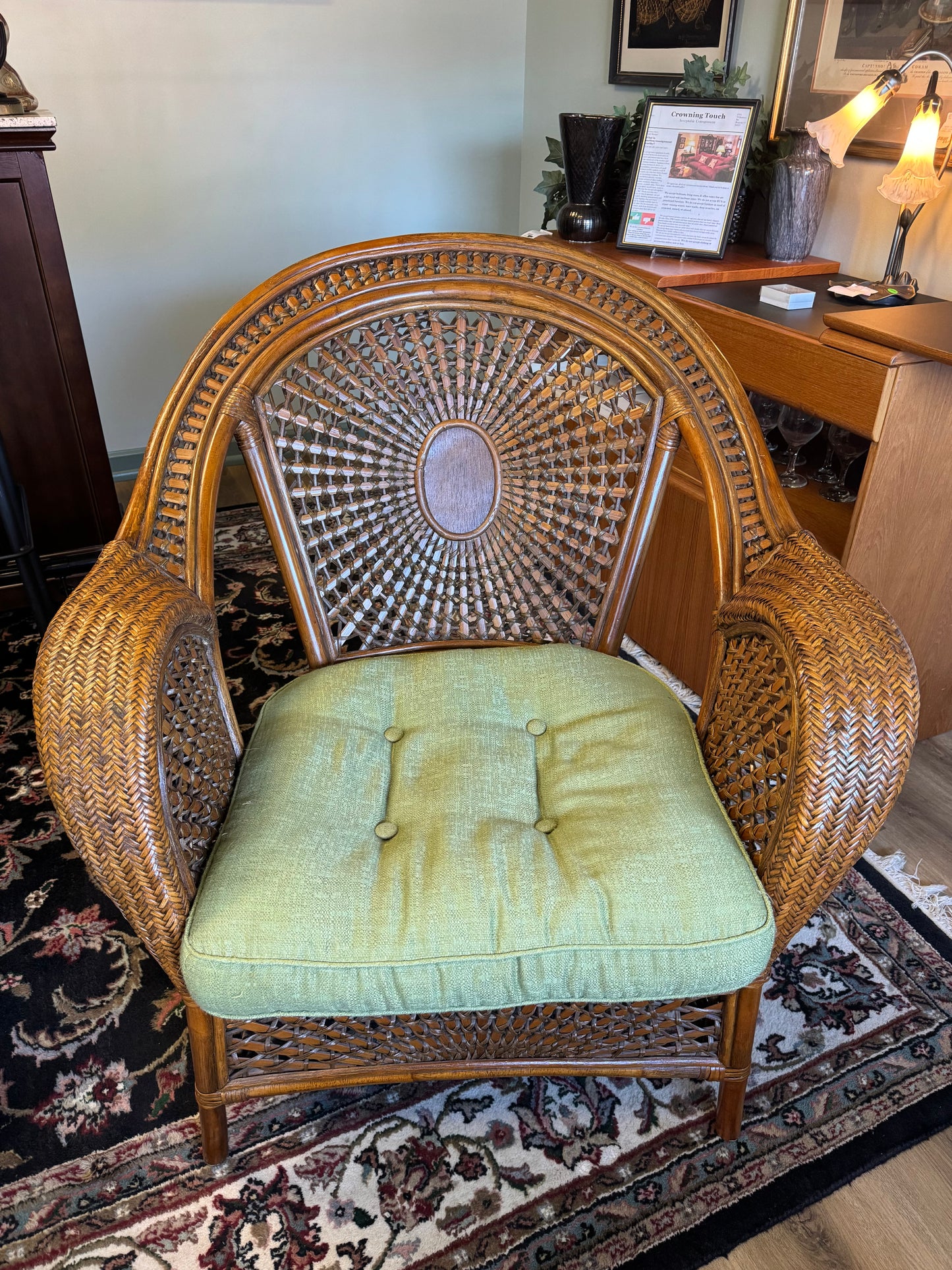 Malibu Rattan Arm Chair With Green Cushion