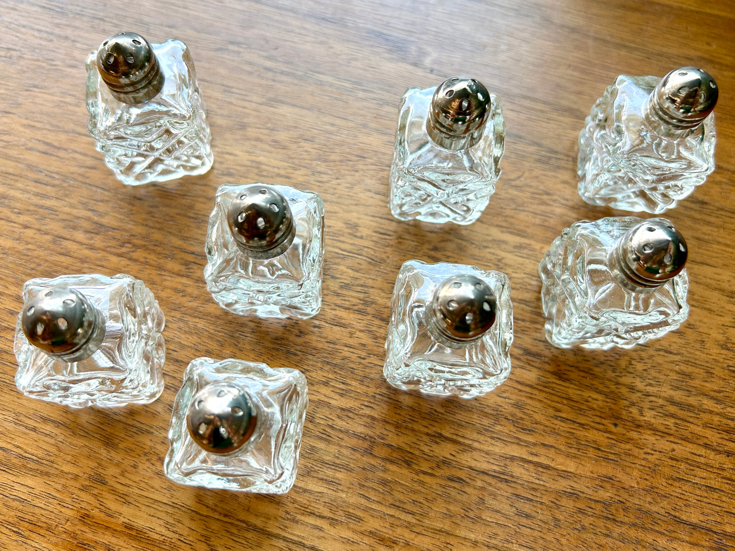 Pretty Set of 8 Mini Salt & Pepper Shakers, Vintage 1930s EAPG Star Glass Works, Indiana, USA