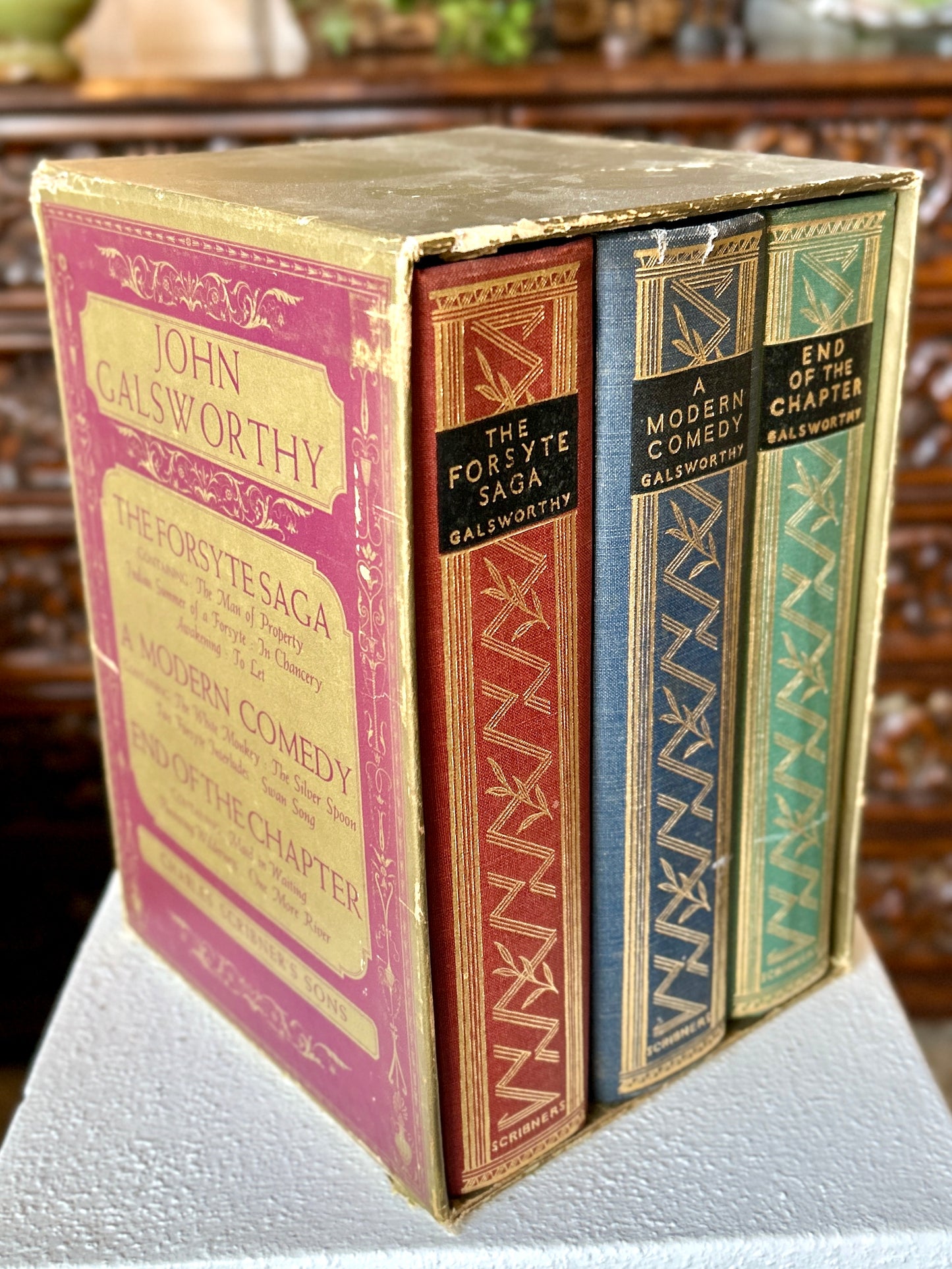 Rare Set of Three 1935 Hardcover Books by John Galsworthy, Modern Comedy, End of the Chapter & Forsyte Saga