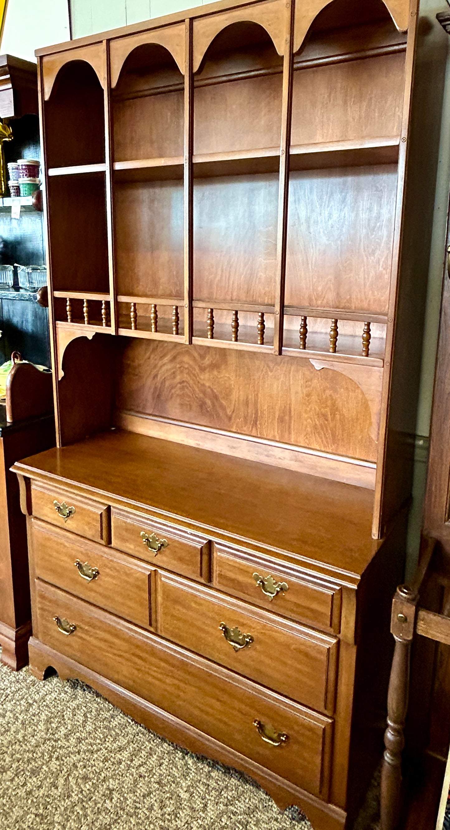 Vintage, Solid Wood Hutch with 5-Drawer Dresser Base and Bookshelves