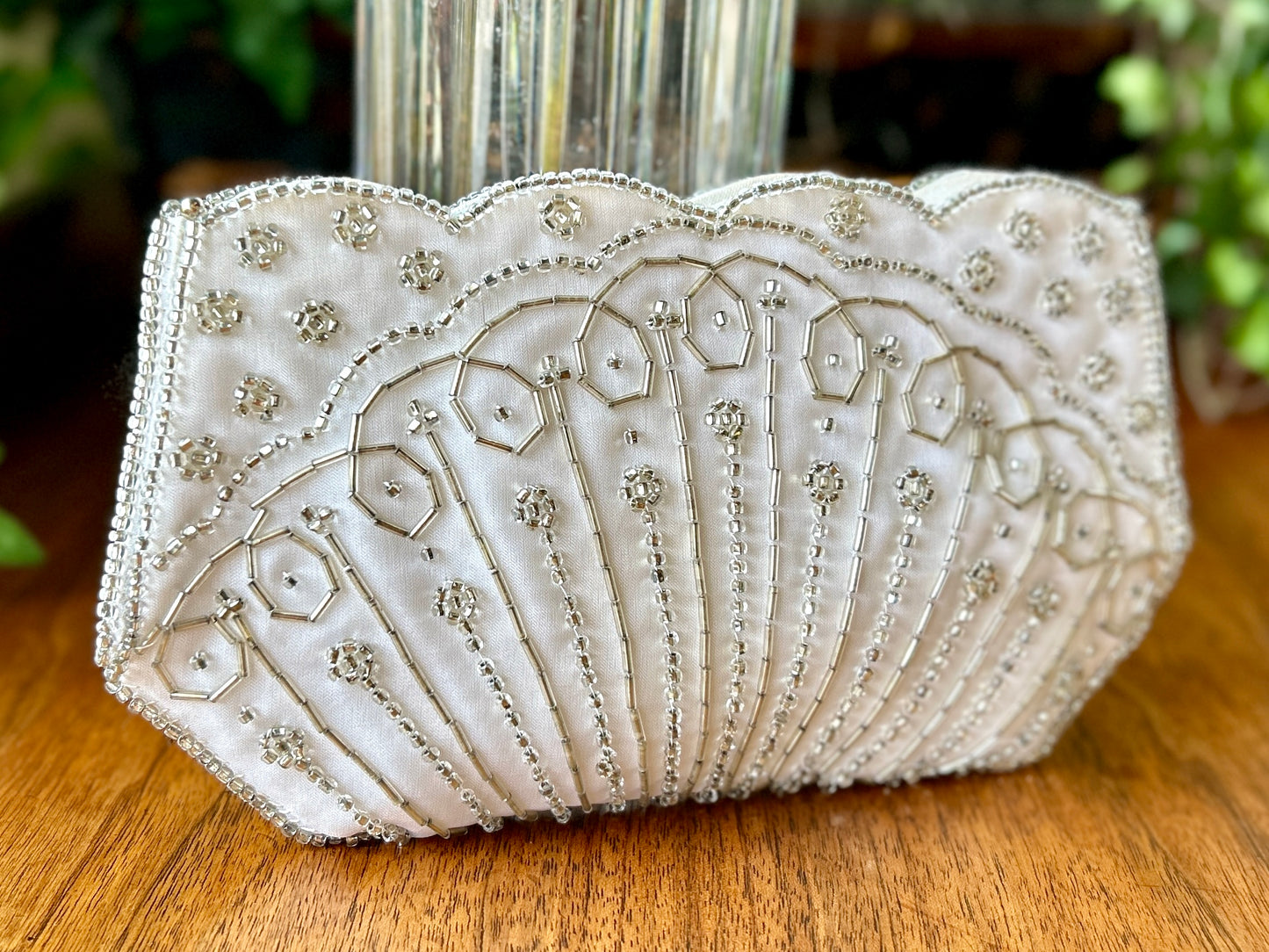 Vintage Beaded Clutch, 1950s La Regale White Satin Purse w Silver Beading, 8"Long