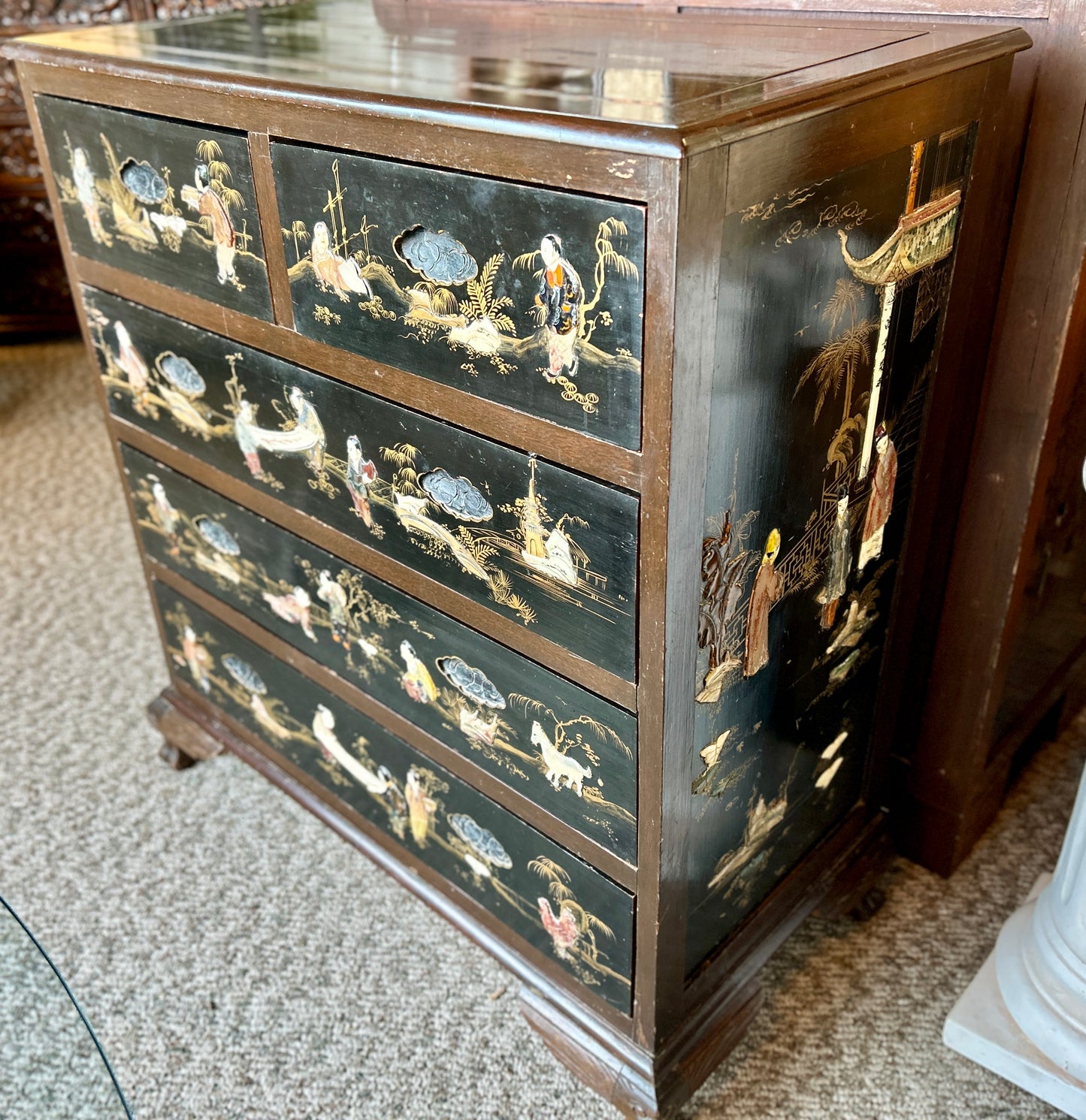 Antique, Oriental Chest Of Drawers, Hand Painted Asian Landscapes w Carved Pulls, 40" Tall Dresser