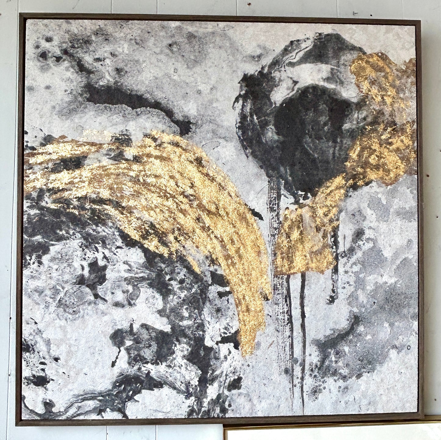 Original Painting, Gold & Black Abstract Art Upon Stone Composite, 33" x 33"