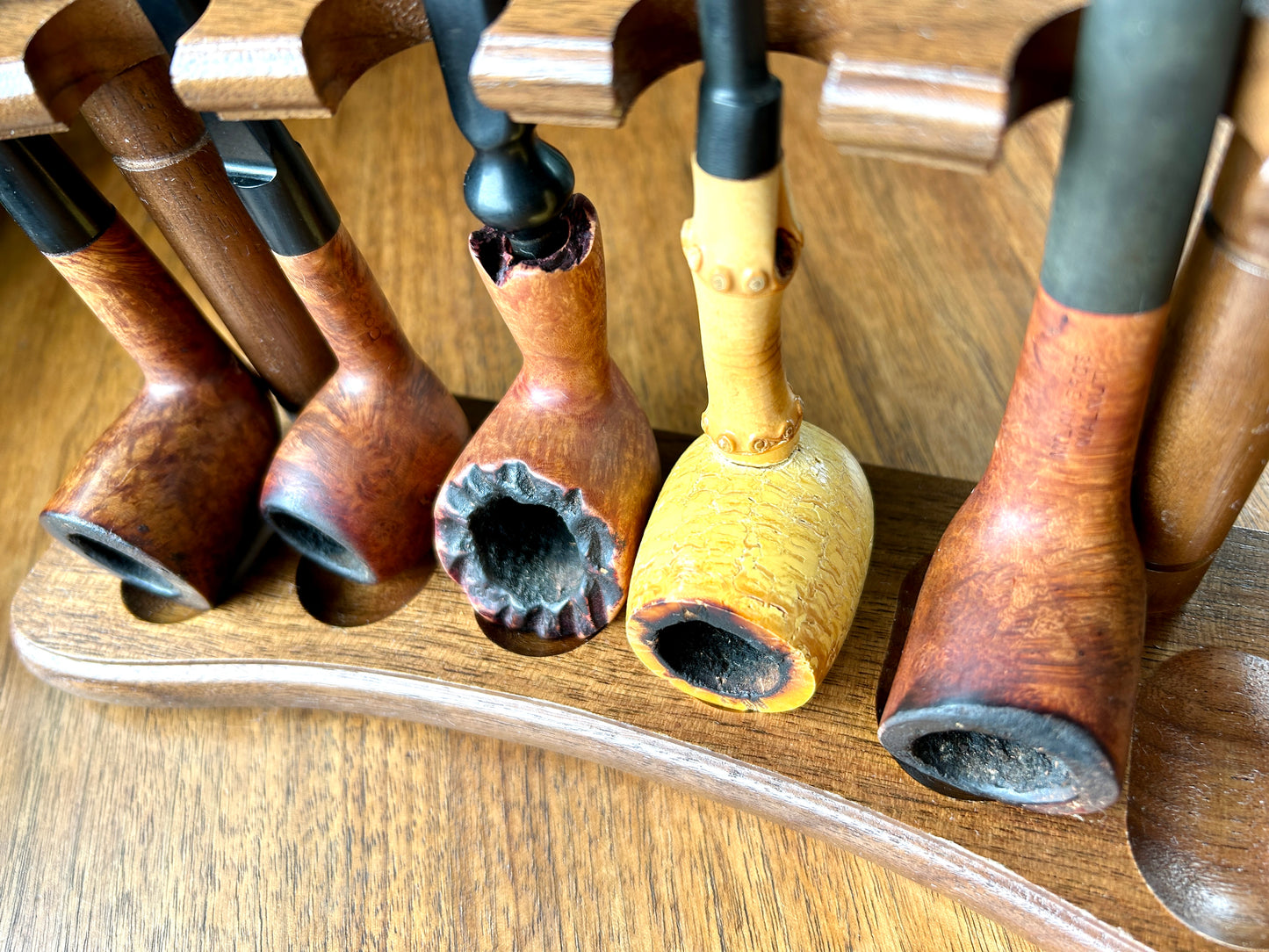 Beautiful, Vintage Pipe Collection w Walnut Decatur Pipe Stand, Walnut, Briar, Meerschaum, Made in England, US, Israel