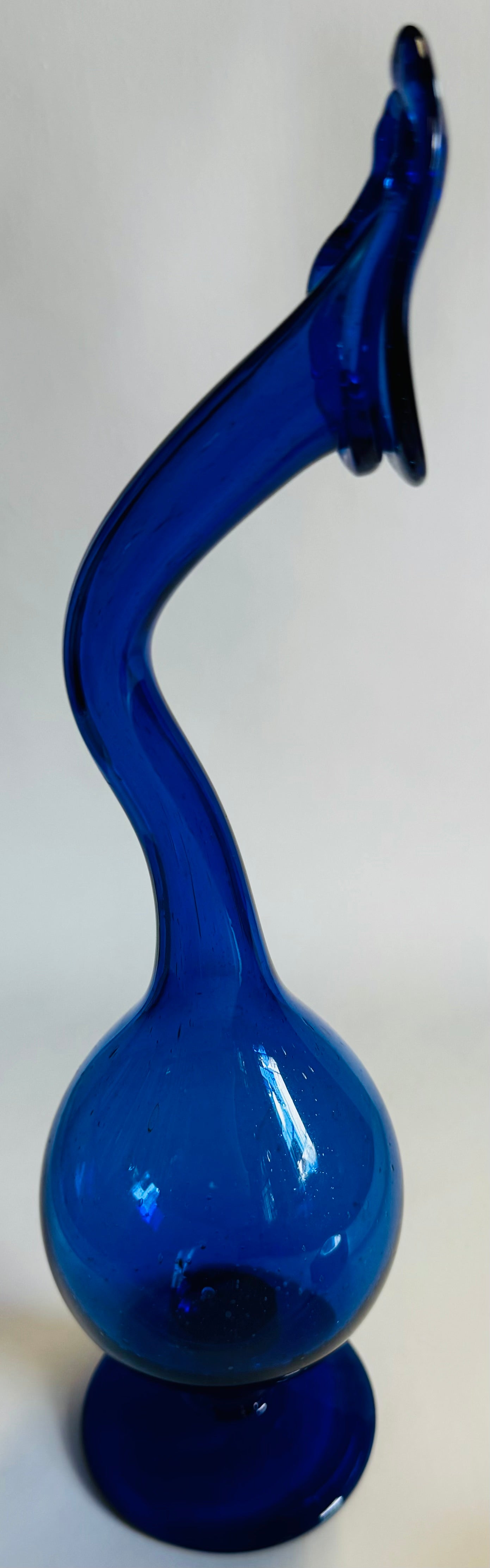 Hand Blown Unique Blue Tear Catcher Vase W/Swan Neck