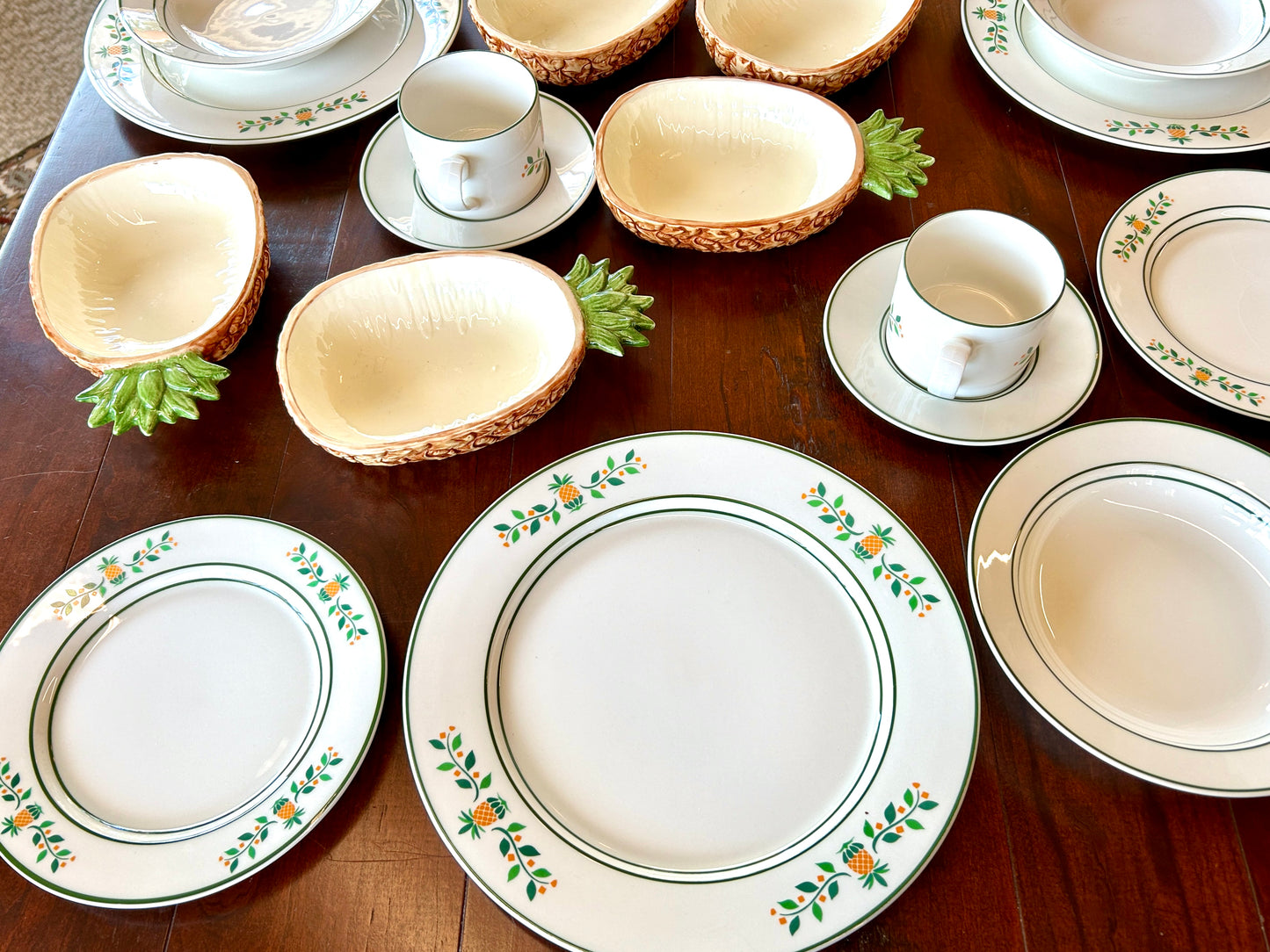 1960s Vintage Pineapple Place Setting For 4, by International Ceramics, 20 Pieces, Plus 4 Accent Bowls and Brass Trivets