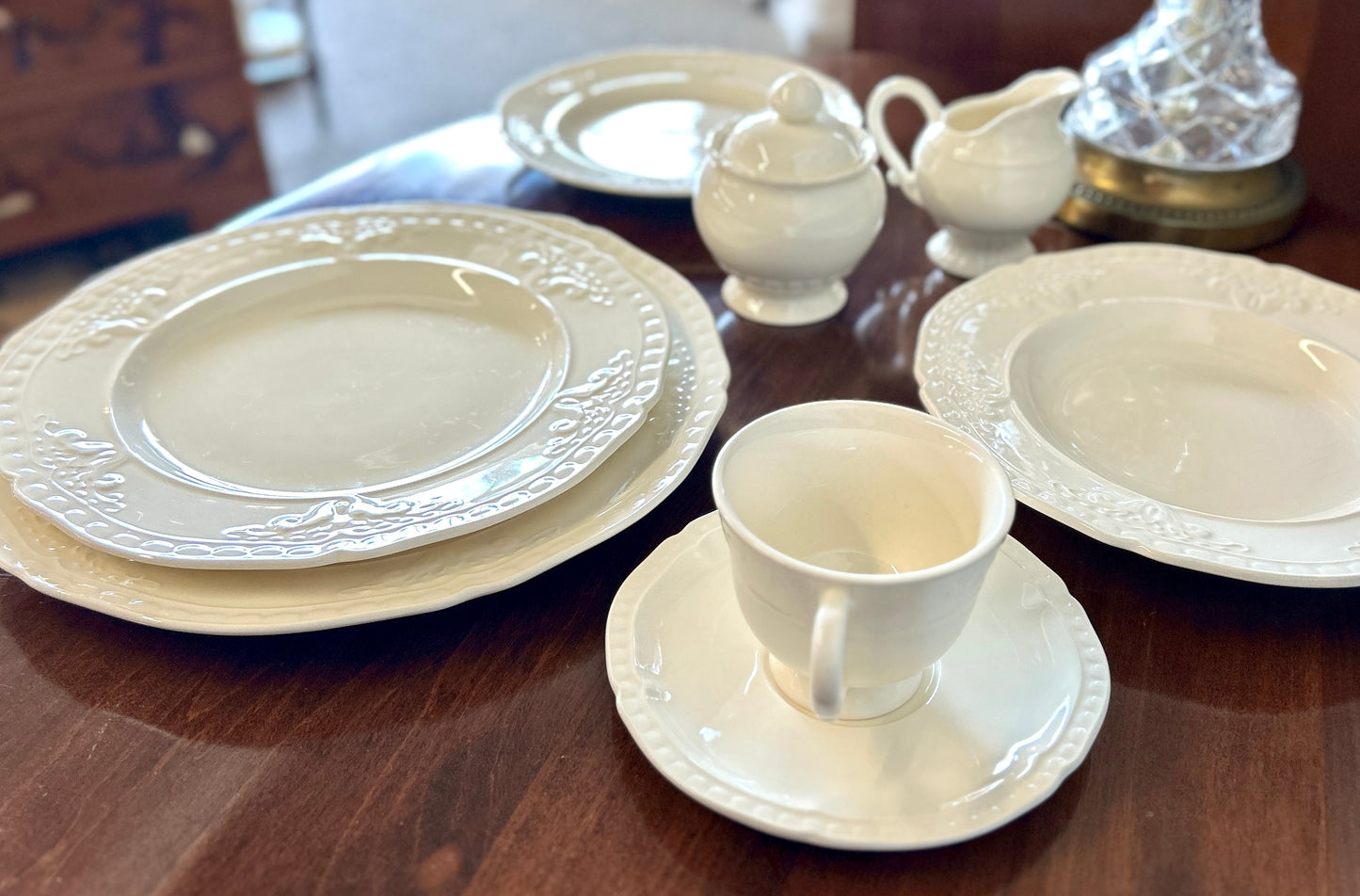 151-Piece Italian China Set, Divina By Wald Creamware; Dishes, Bowls, Teapot, more, with Beautiful Embossed Rim