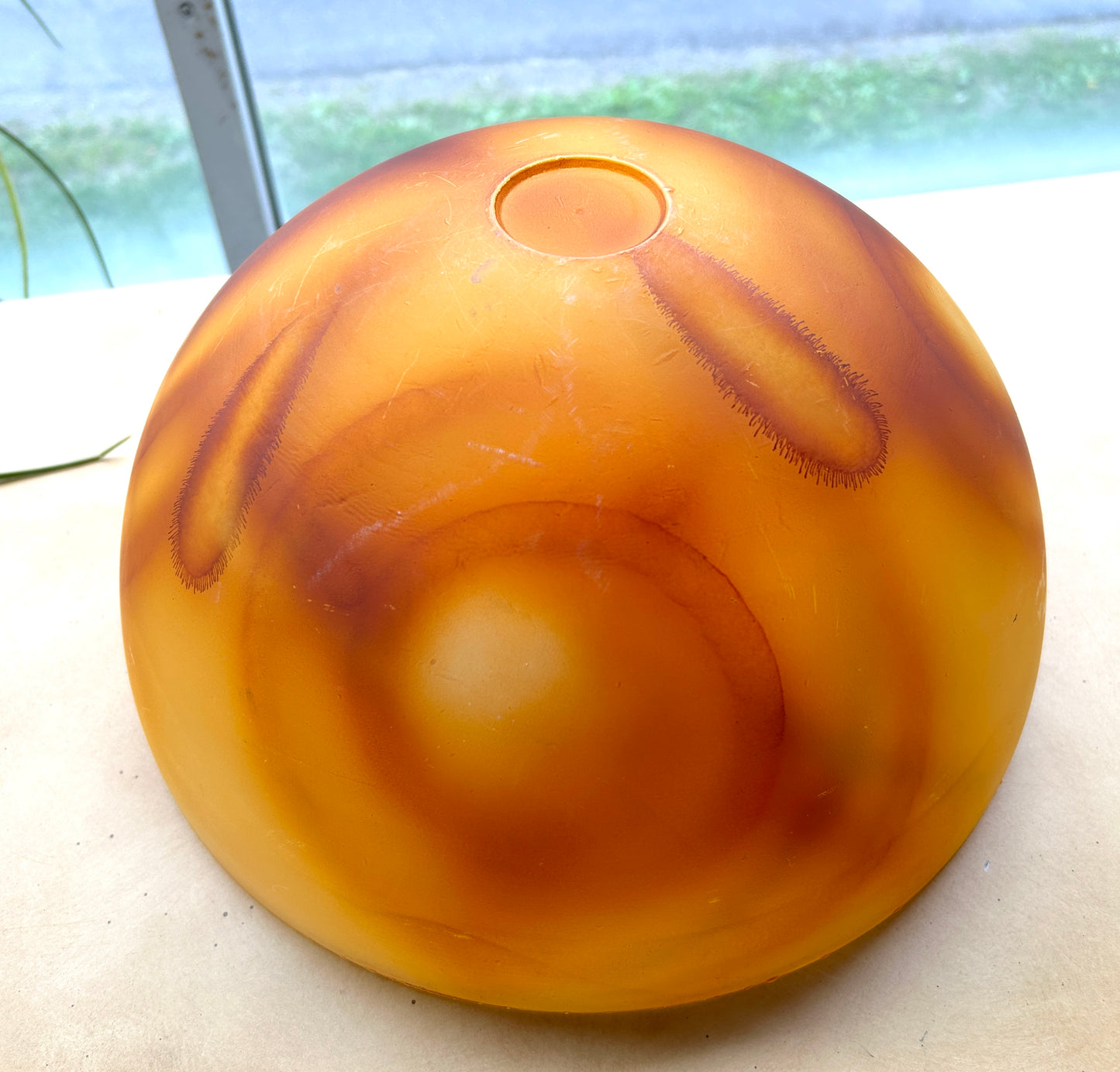 Onyx Style Glass Bowl, Semi-Translucent Bowl with Gold & Orange, 12"