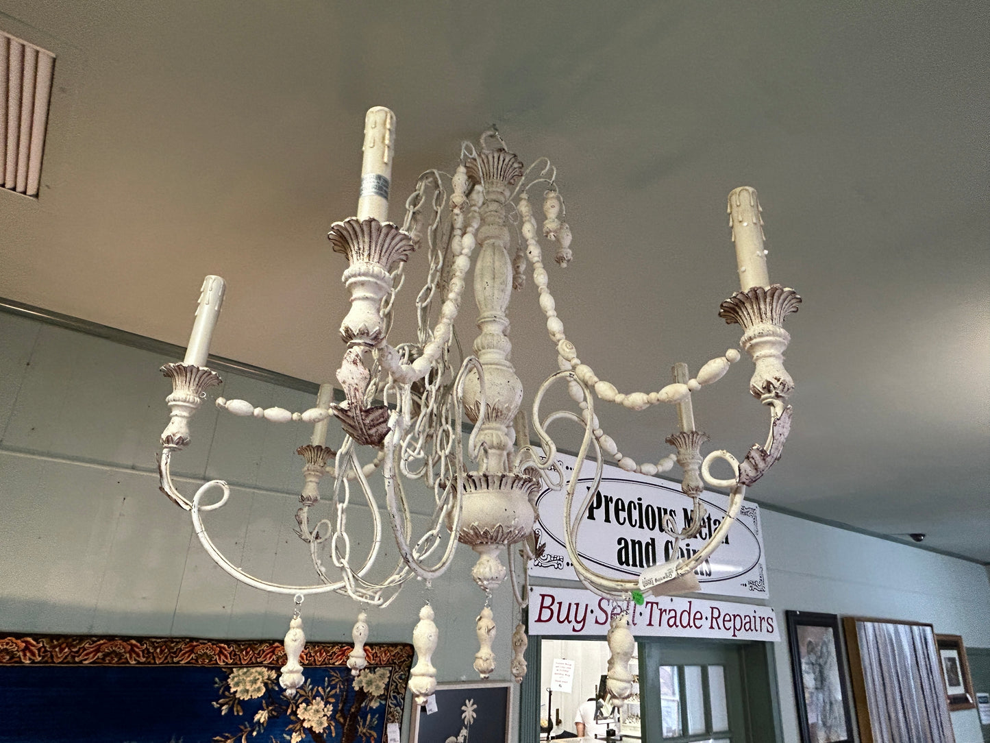 Chandelier, Shabby Chic Wood and Iron Six-Light, Scrolled-Arm Chandelier, 28"