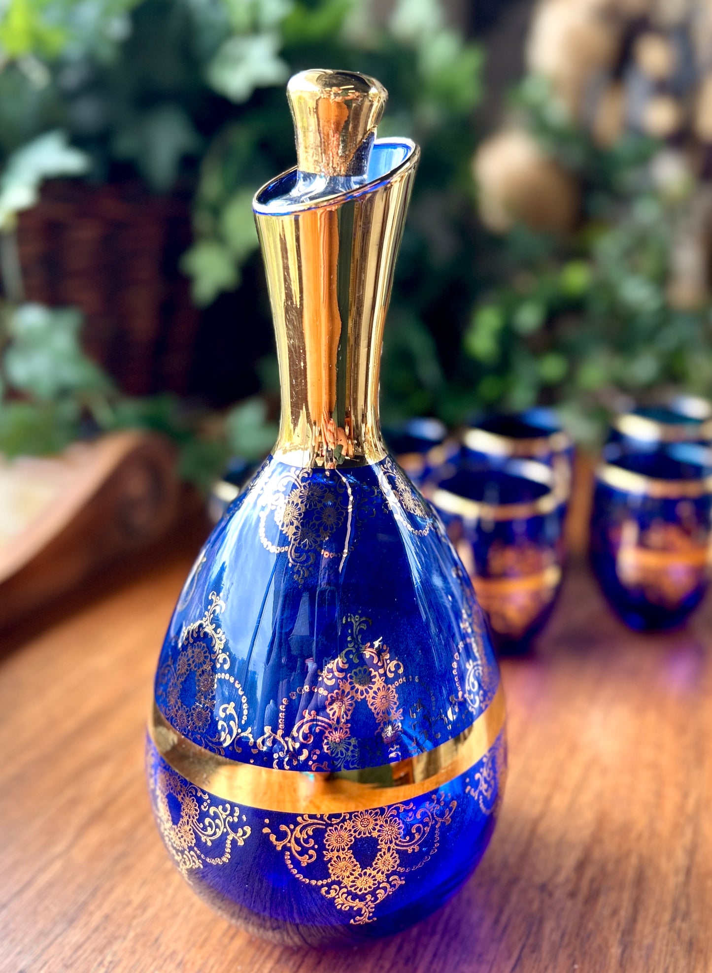 Stunning Murano Glass, Italian Cobalt Blue & Gold Wine Decanter 7 Pc Set, Venezia