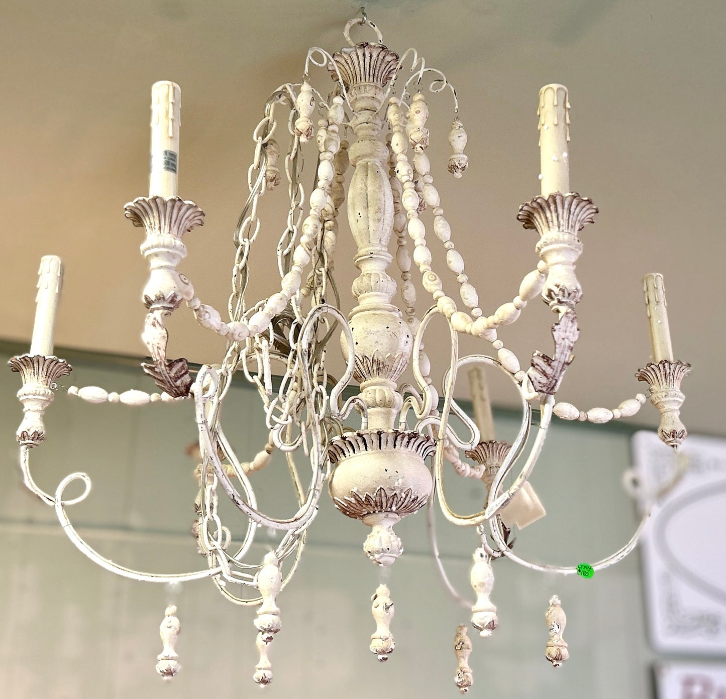 Chandelier, Shabby Chic Wood and Iron Six-Light, Scrolled-Arm Chandelier, 28"