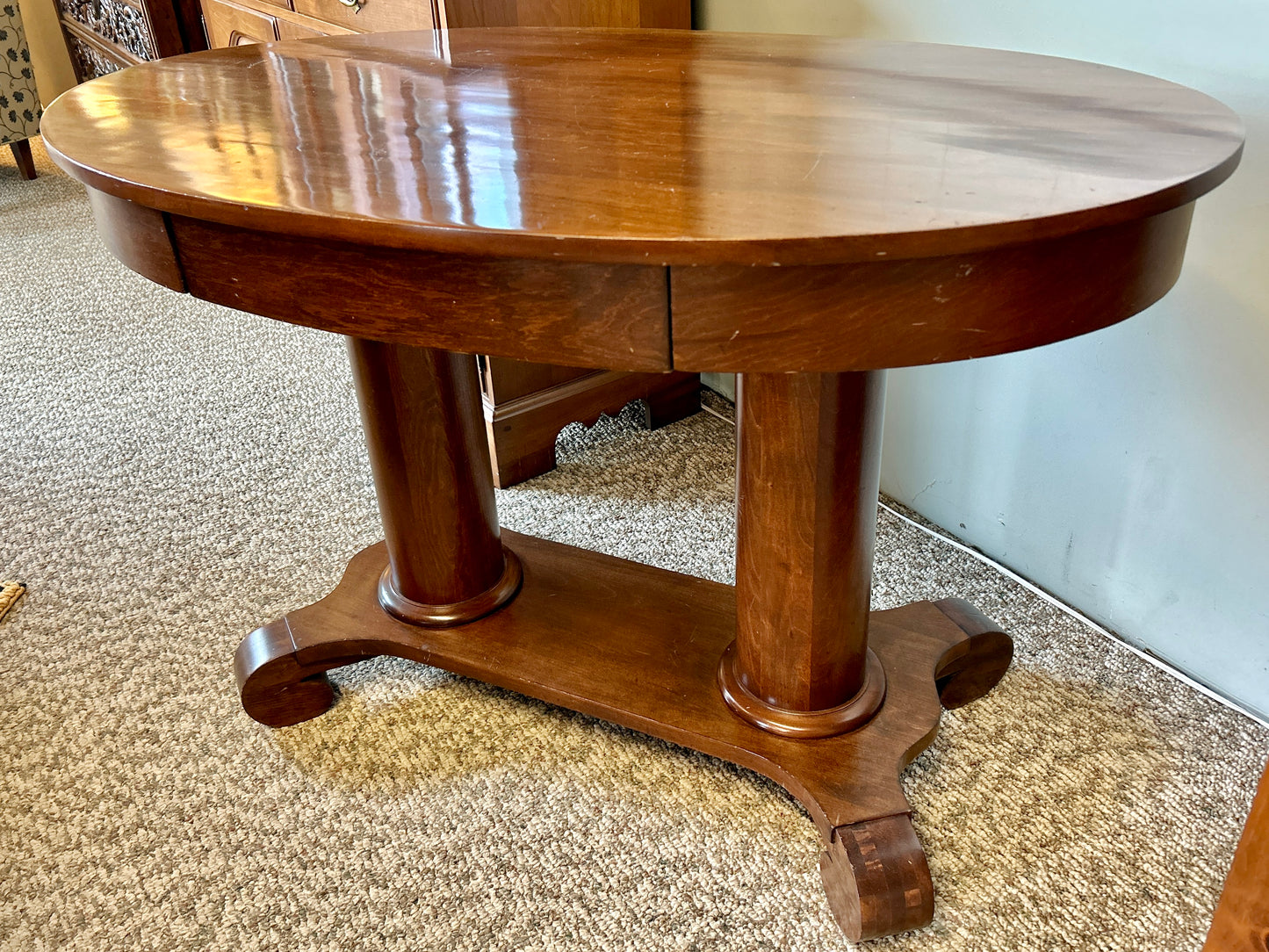 Antique Empire Style Maple Library Table, 44" Wide, Double Pedestal