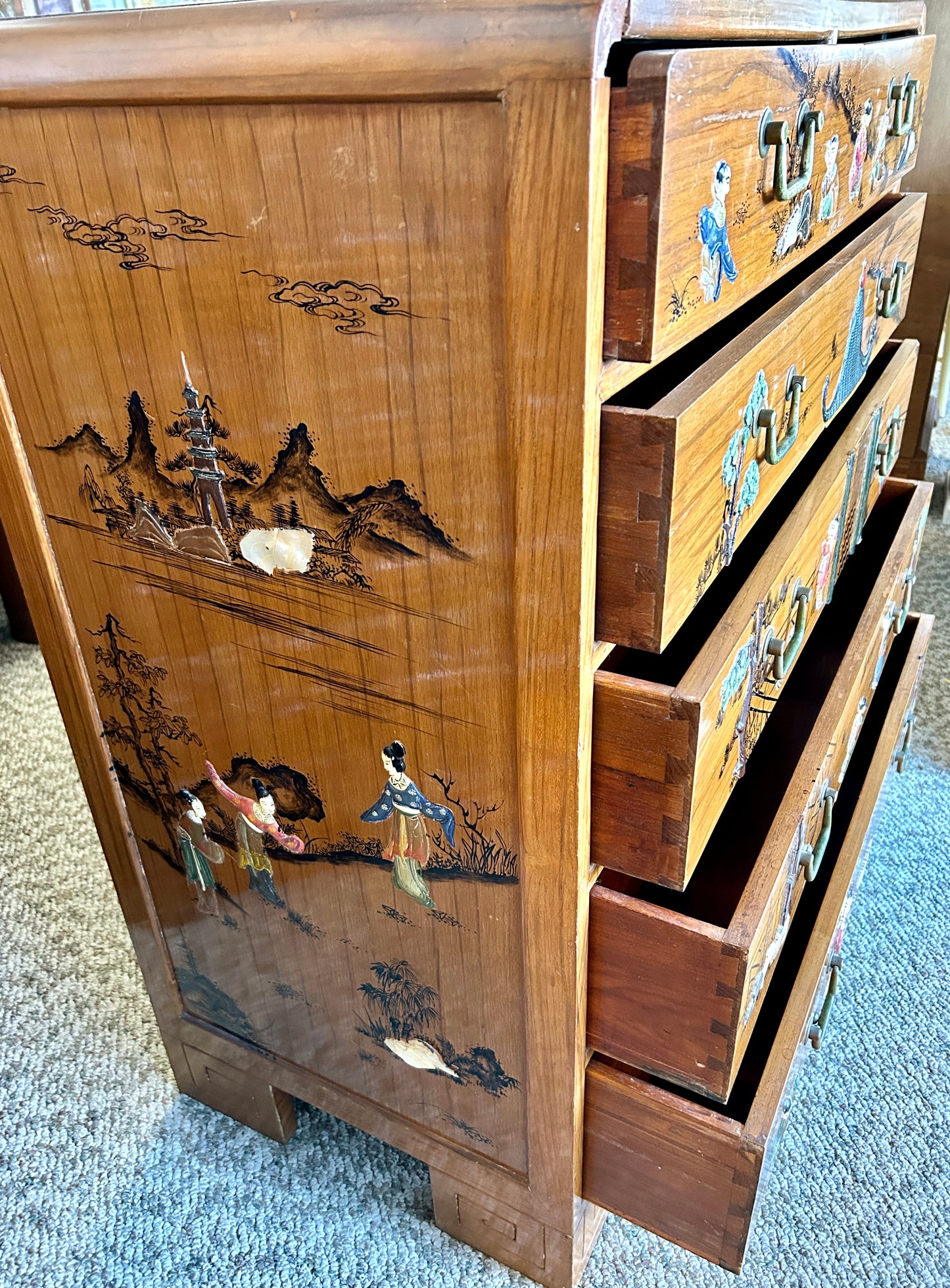 MCM Oriental Chest Of Drawers, Asian Landscapes with Mother of Pearl Inlay, 42" Tall