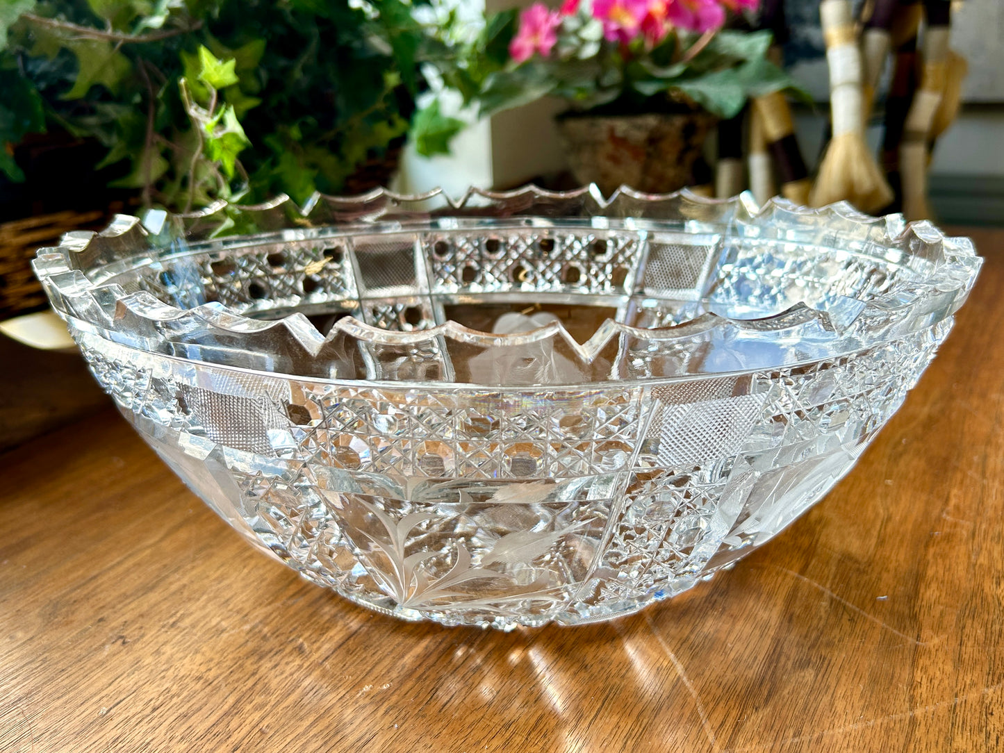 Large, Brilliant Cut Glass Bowl, Oval, 11.25" with Bright, Diamond Point and Fluted Detail