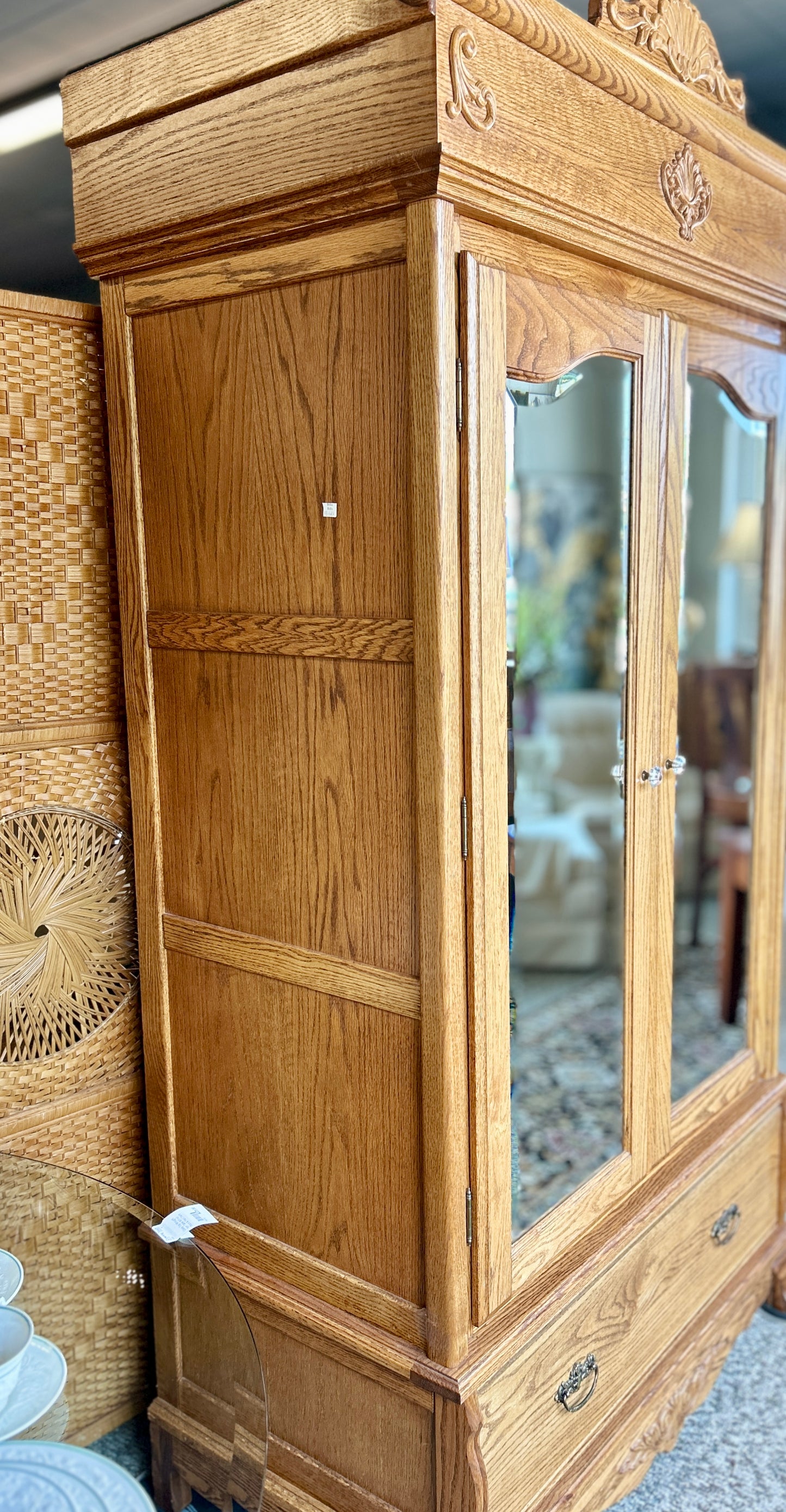 Beautiful, Vintage Oak Armoire with Beveled Glass Mirrors, 86" Tall