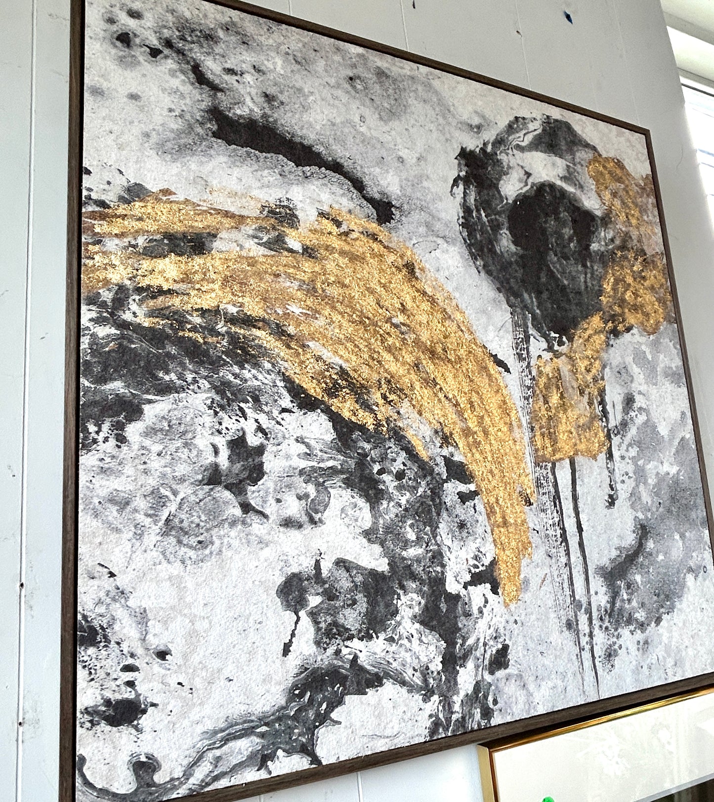 Original Painting, Gold & Black Abstract Art Upon Stone Composite, 33" x 33"