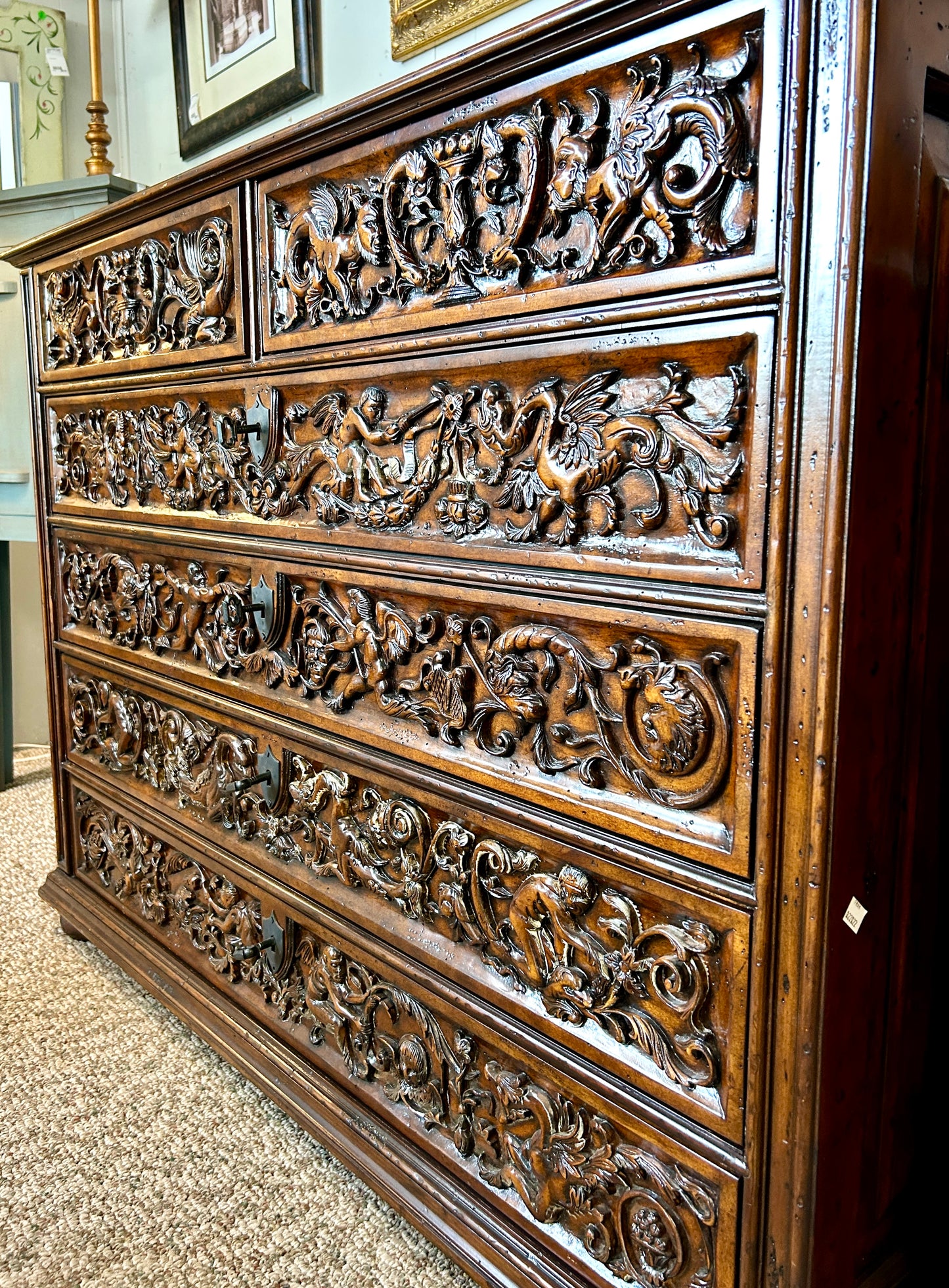 Baroque Chest, 6 Drawer Oak & Walnut Belgian Dresser, 54" Wide