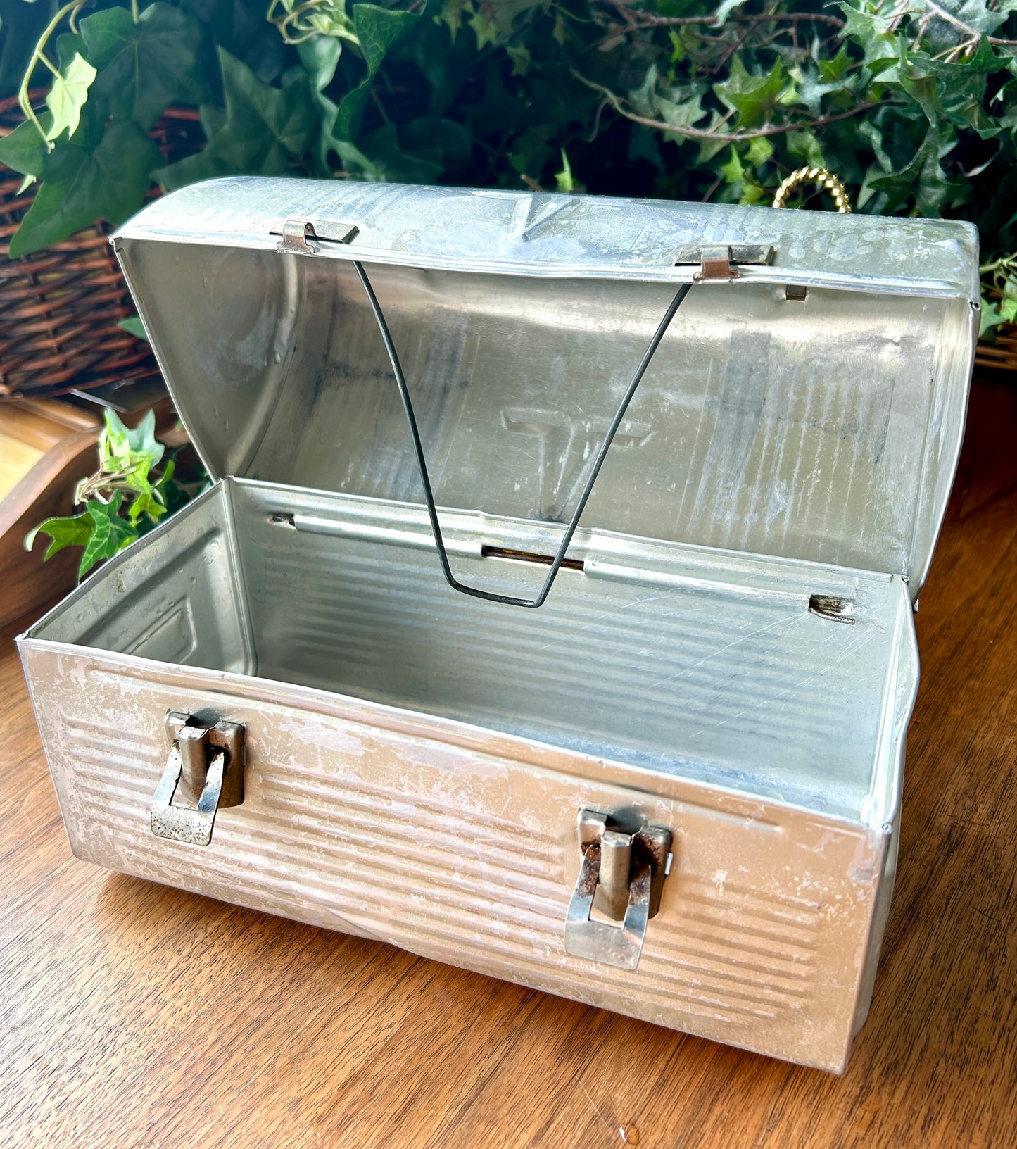 Cool, 1940s Thermos Lunch Box, Aluminum Metal w Swing Handle and Locking Hinges