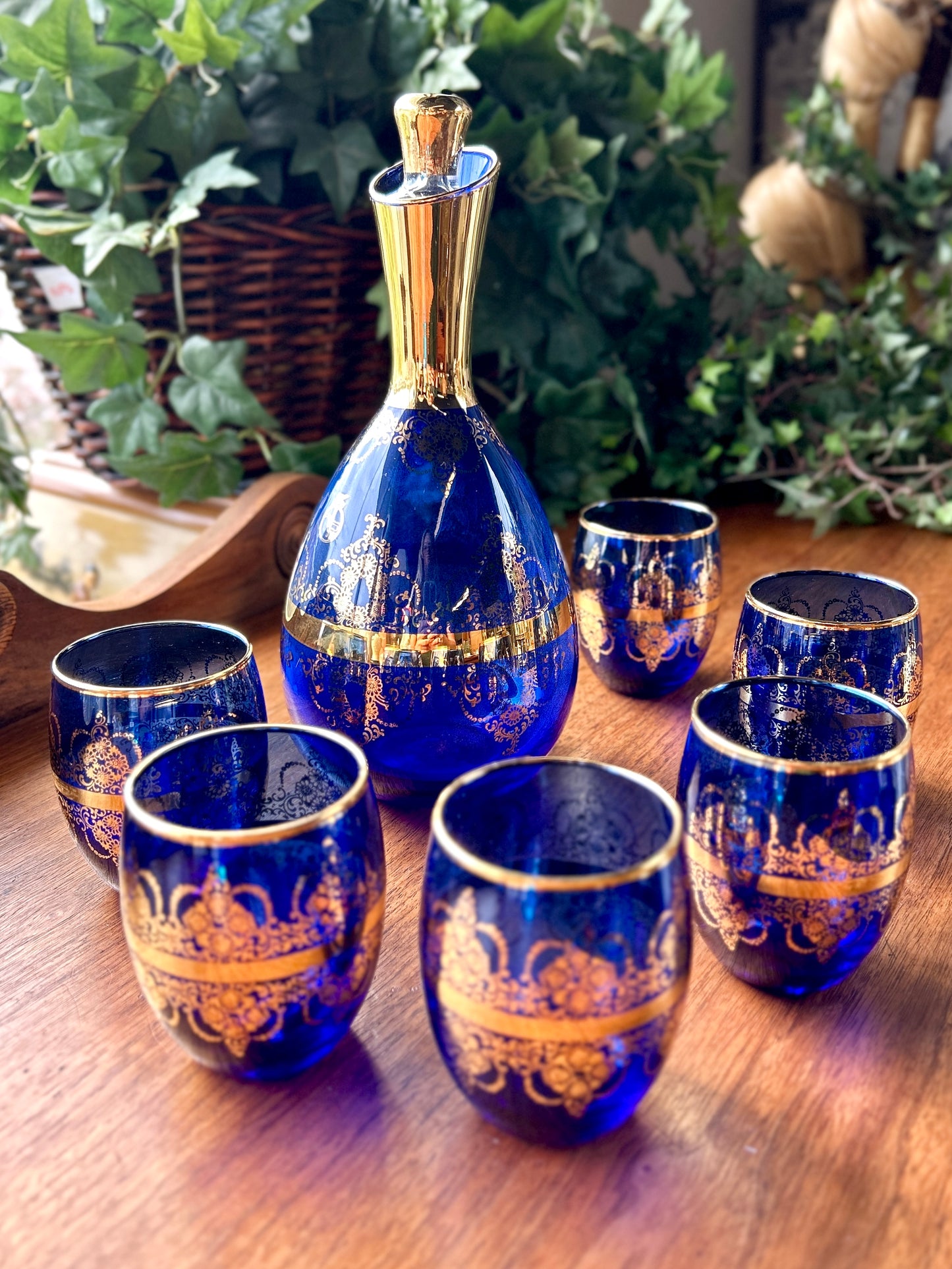 Stunning Murano Glass, Italian Cobalt Blue & Gold Wine Decanter 7 Pc Set, Venezia