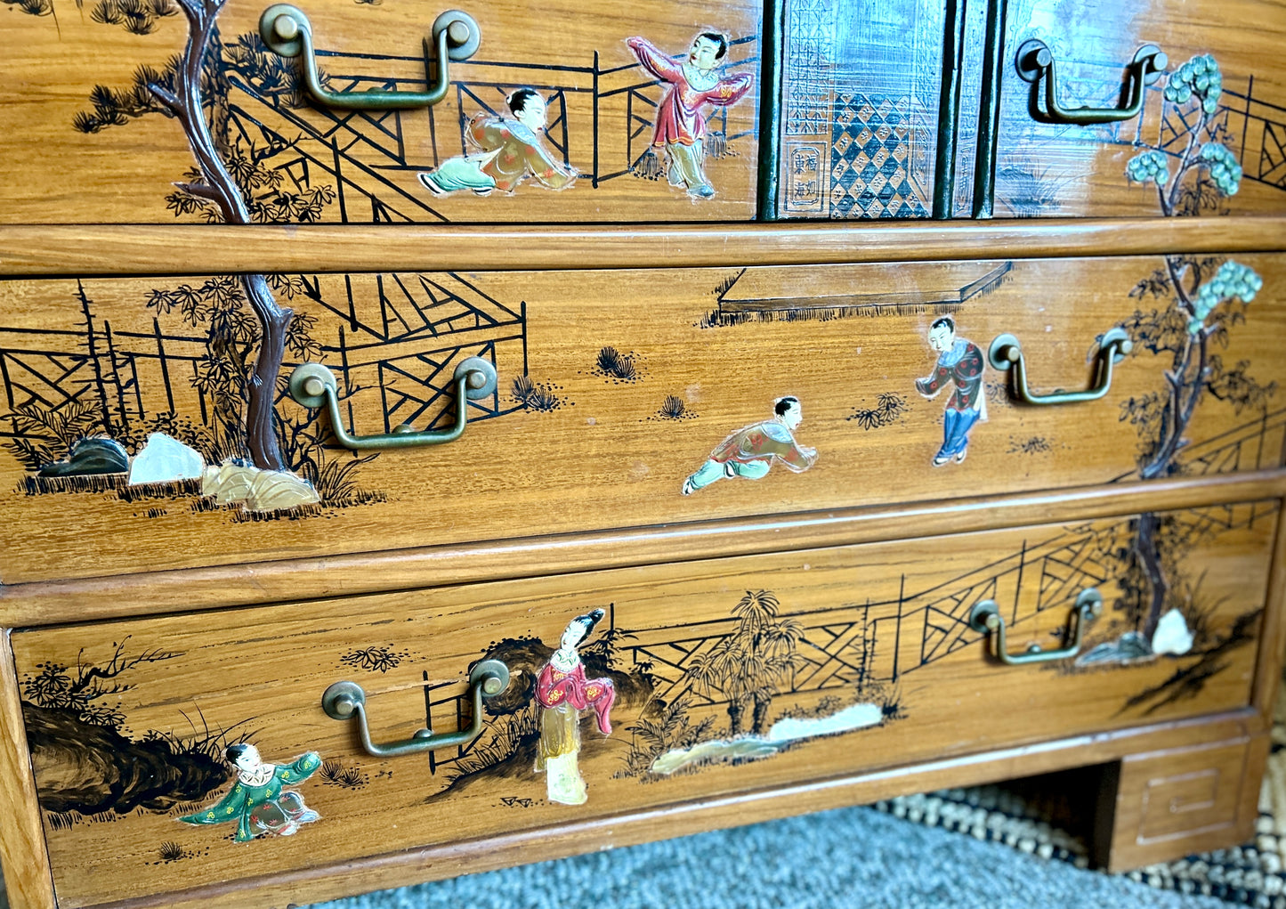 MCM Oriental Chest Of Drawers, Asian Landscapes with Mother of Pearl Inlay, 42" Tall