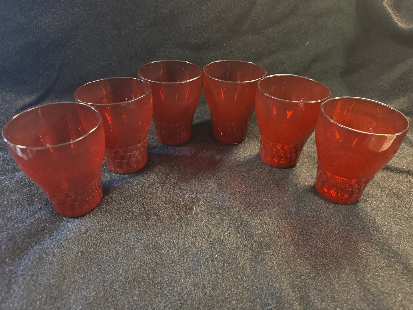 Vintage Red Glass Pitcher With Six Glasses & Two Bowls